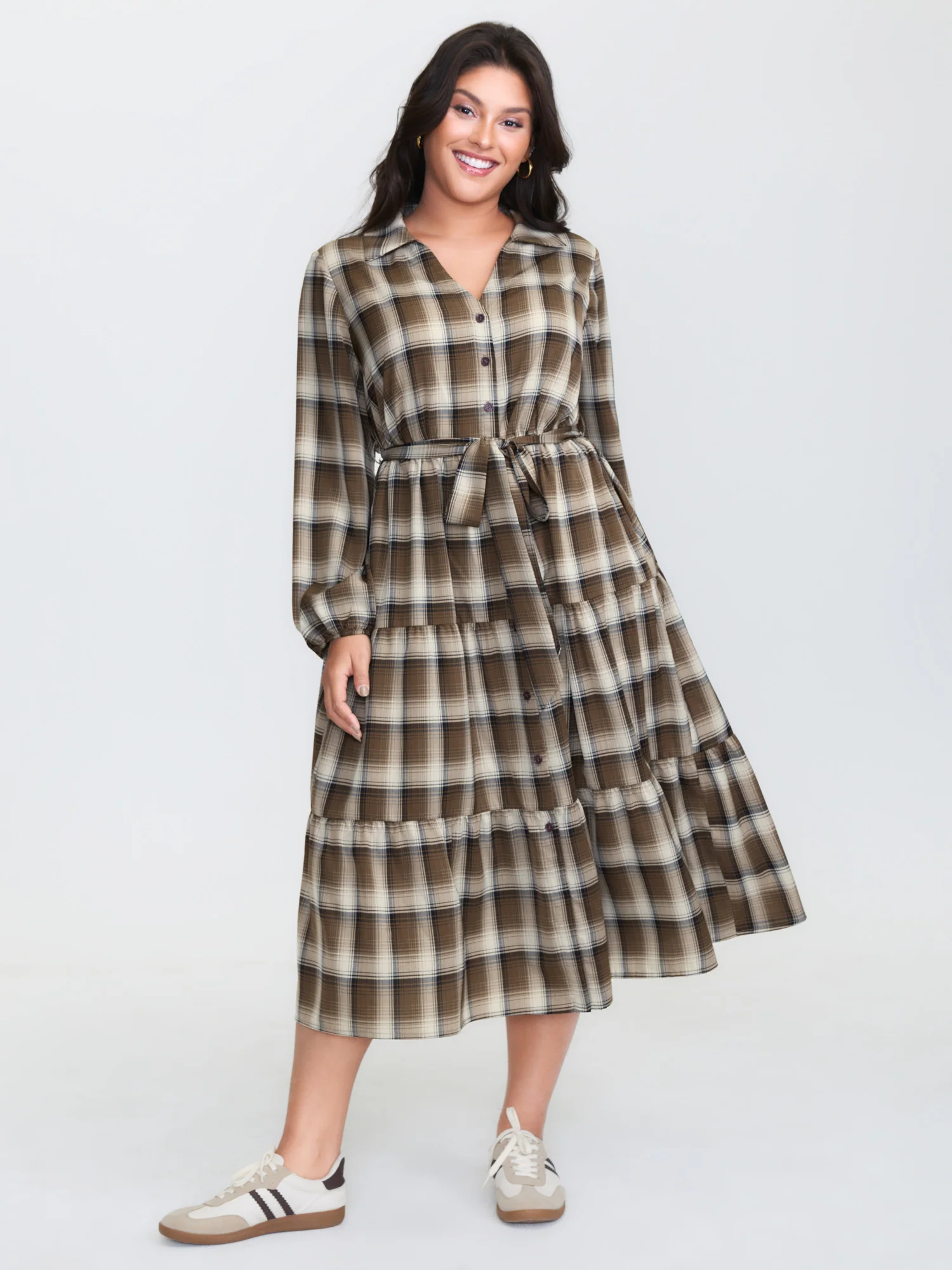 Plaid Print Belted Maxi Shirt Dress - Image 3