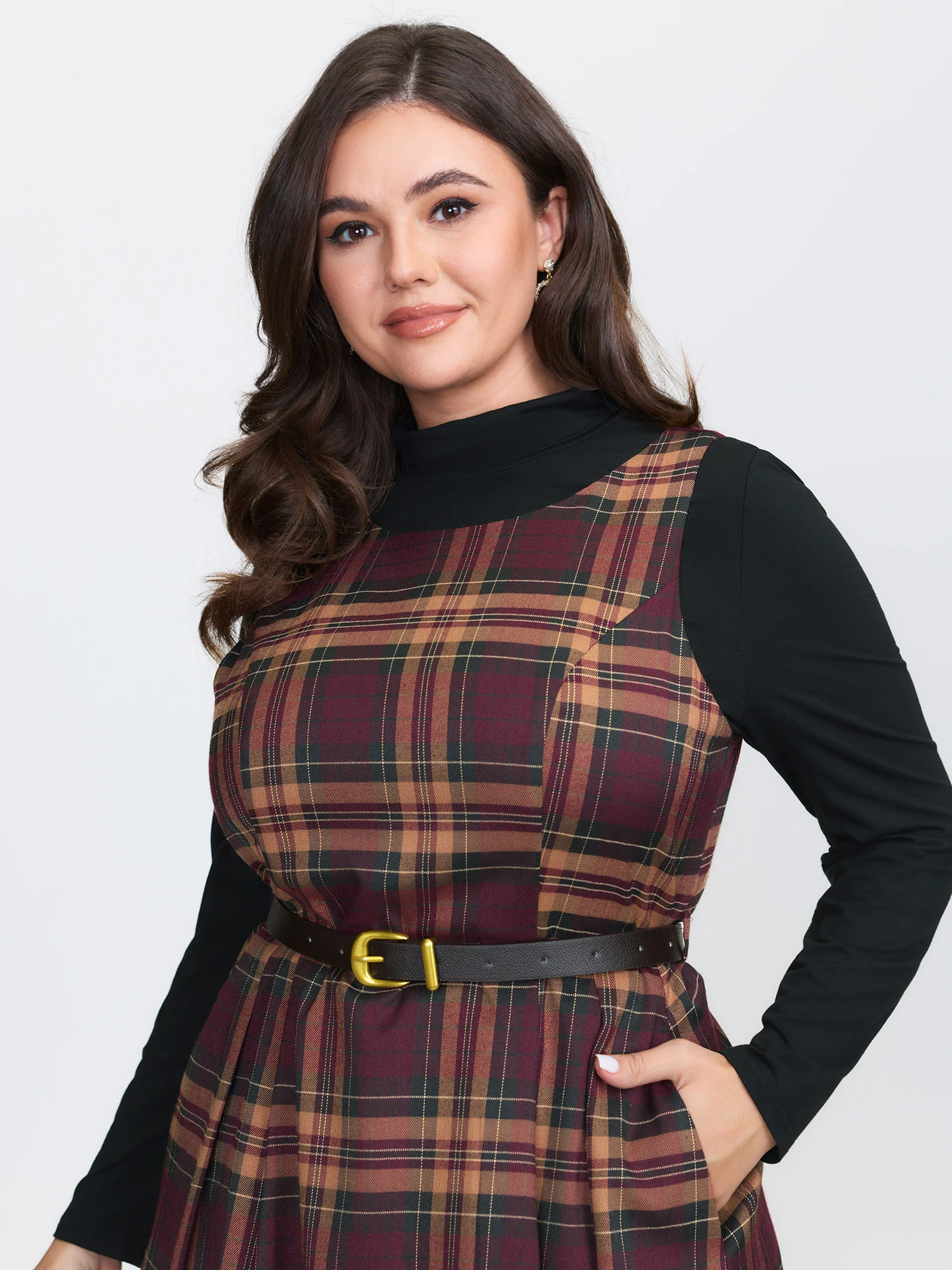 Plaid Print Belted Sleeveless Mini Dress - Image 3