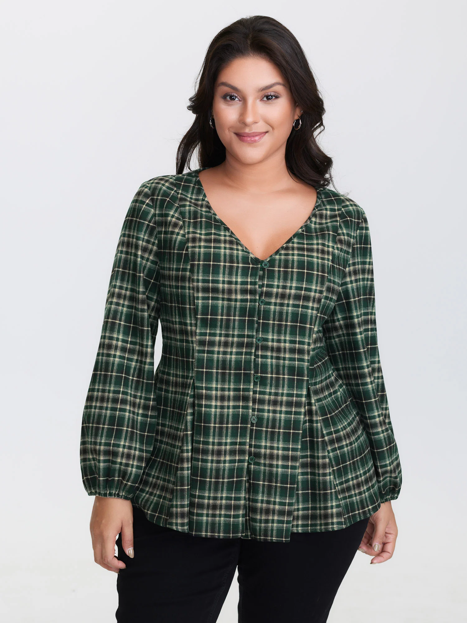 Plaid Print Cinched-Waist V-Neck Blouse - Image 2