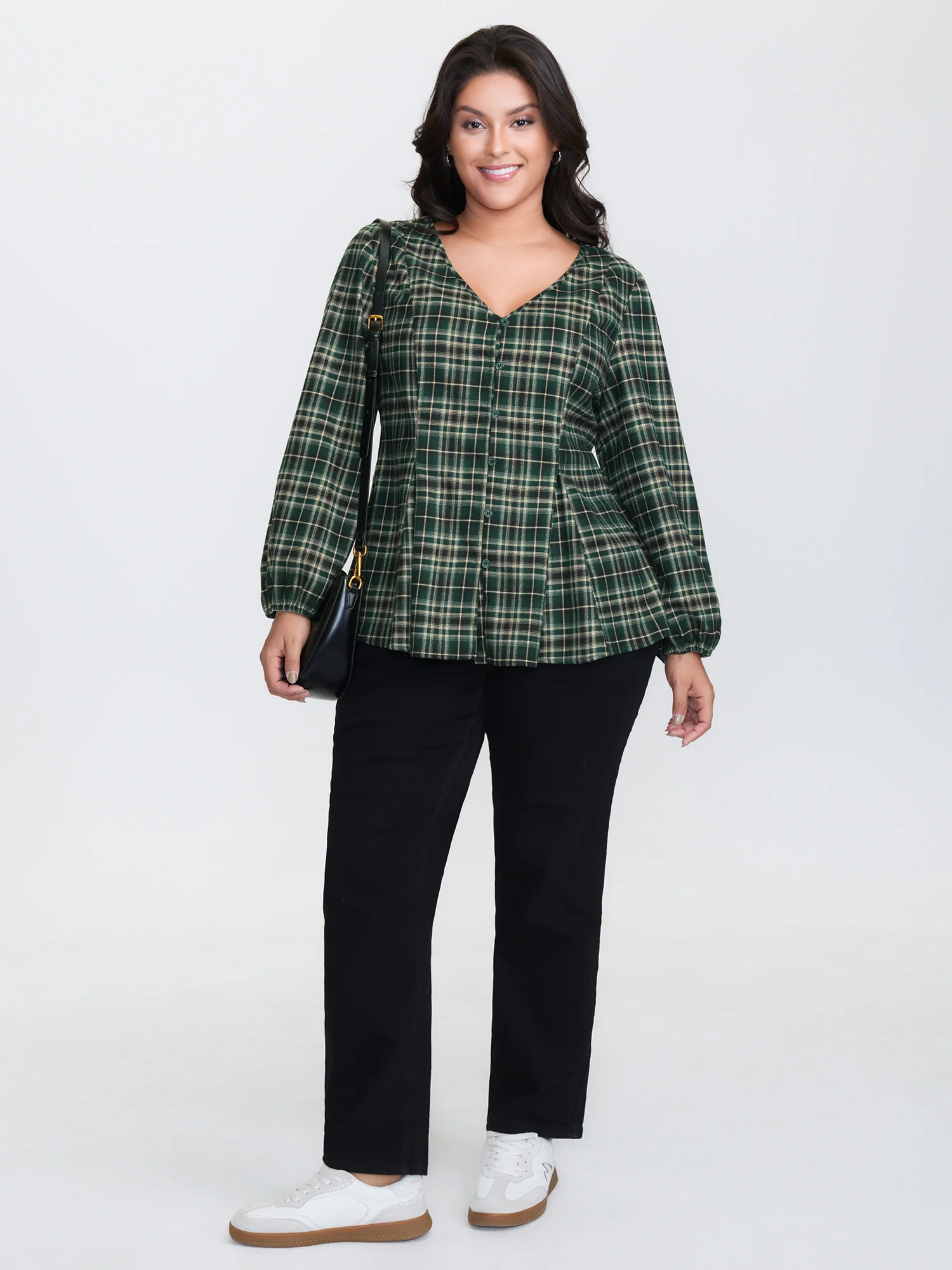 Plaid Print Cinched-Waist V-Neck Blouse - Image 3
