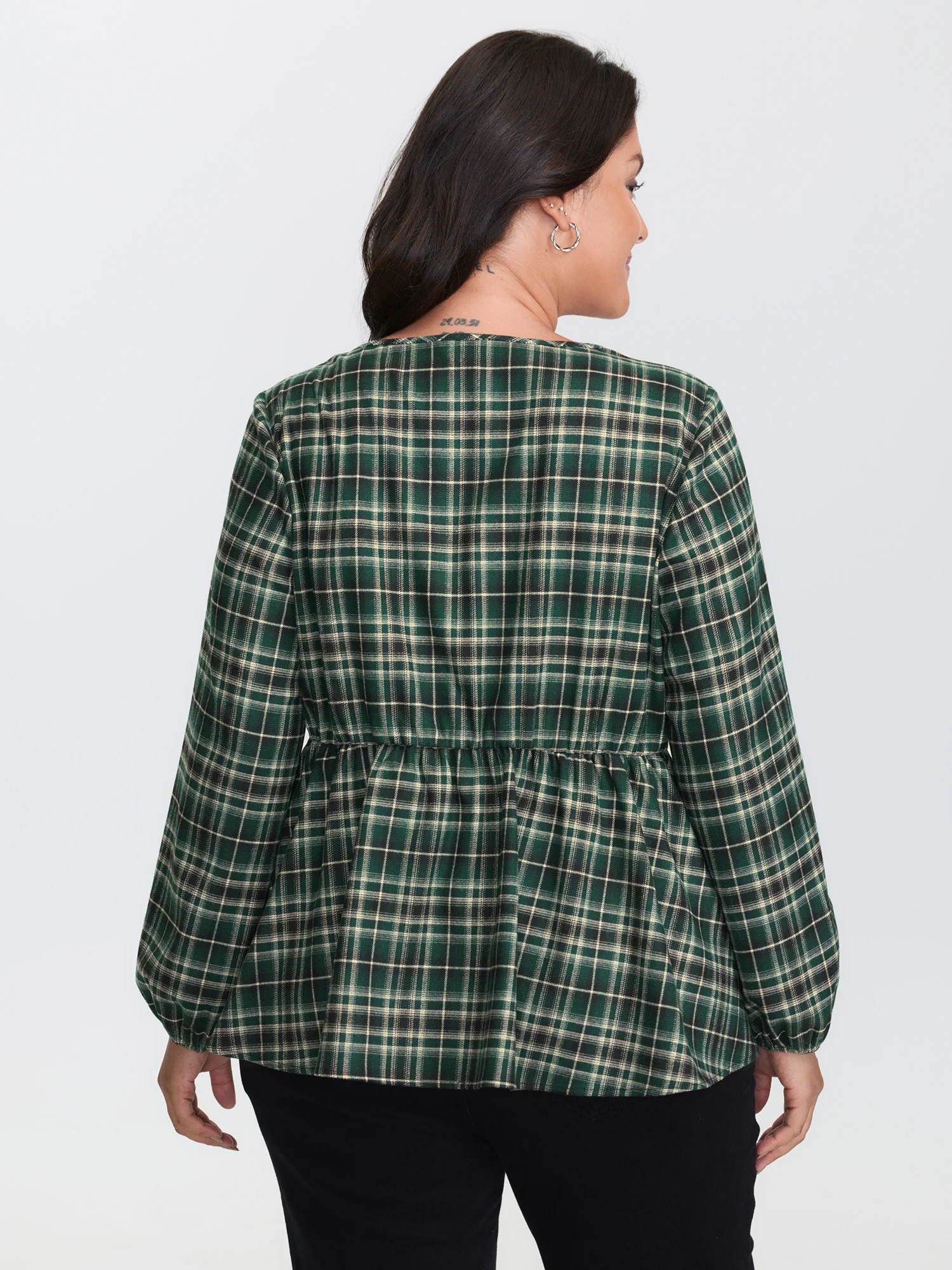 Plaid Print Cinched-Waist V-Neck Blouse - Image 4