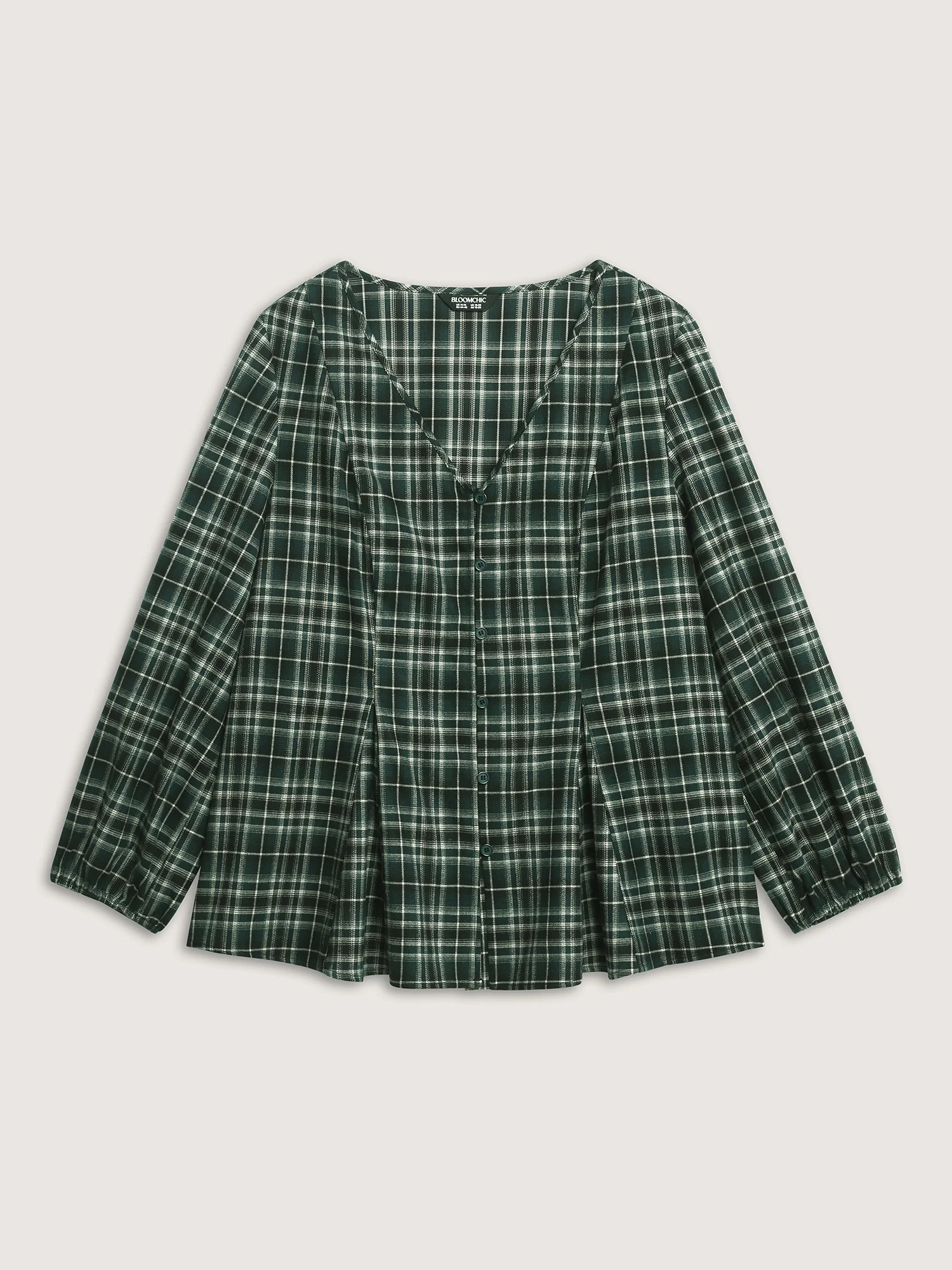 Plaid Print Cinched-Waist V-Neck Blouse - Image 8