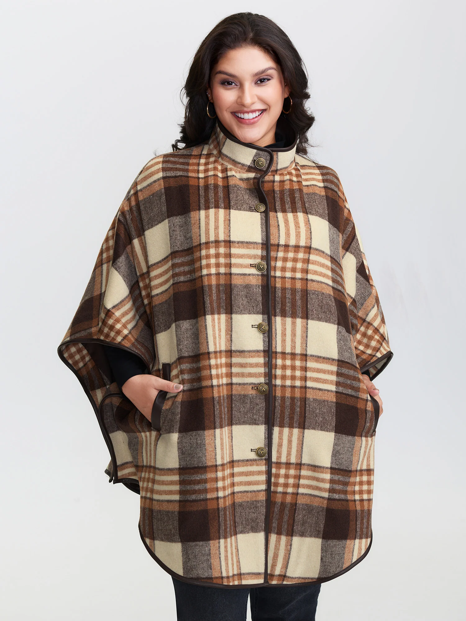 Plaid Print Collar Pockets Coat - Image 2