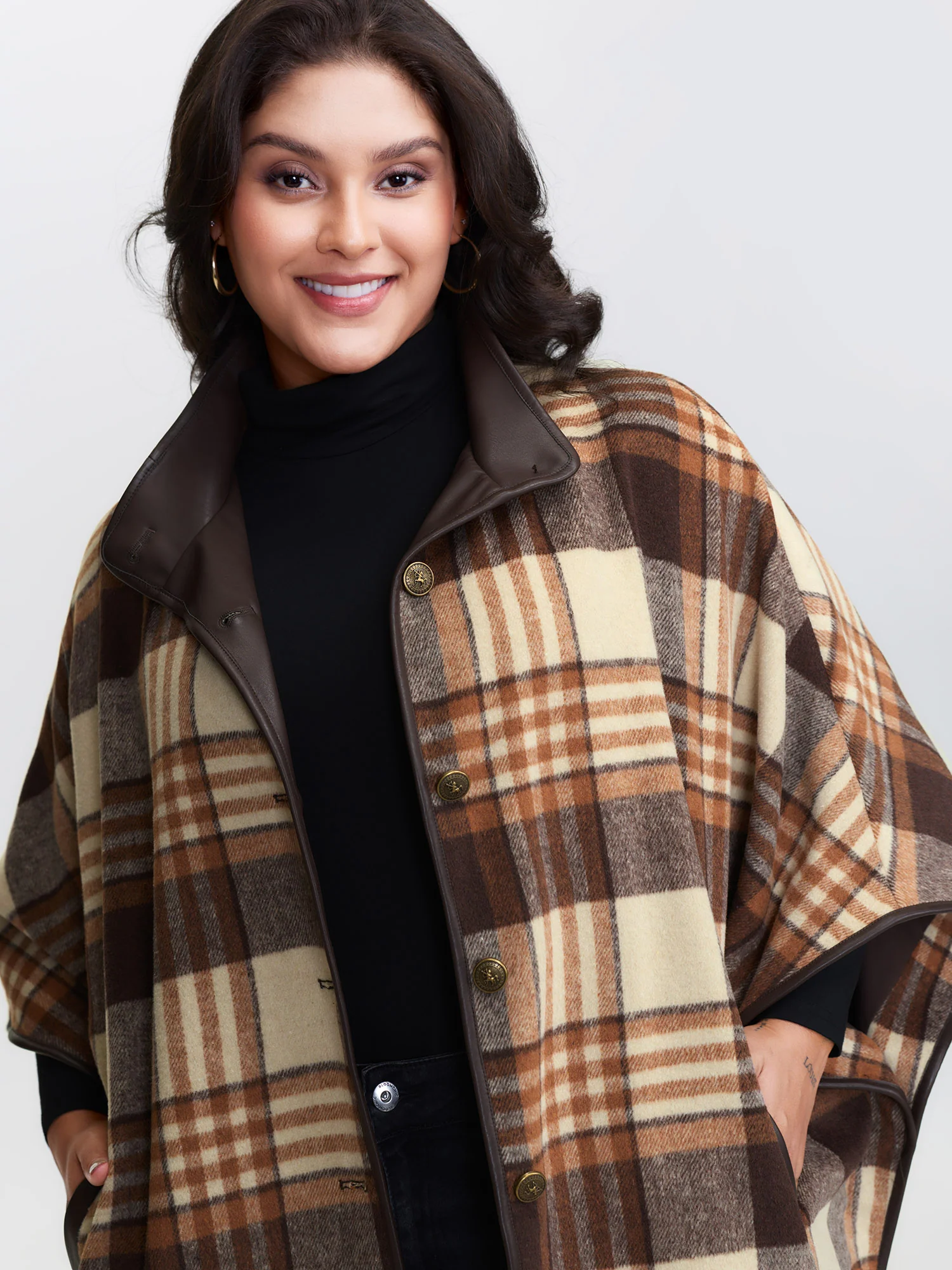 Plaid Print Collar Pockets Coat - Image 3