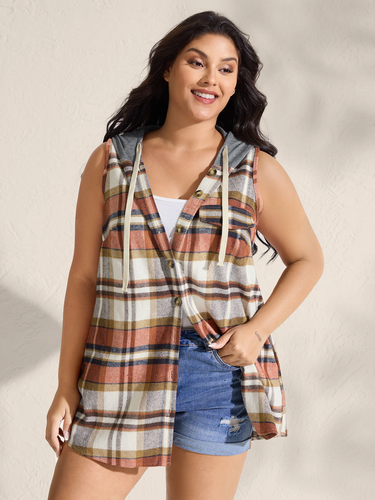 Plaid Print Color Contrast Hooded Vest - Image 5