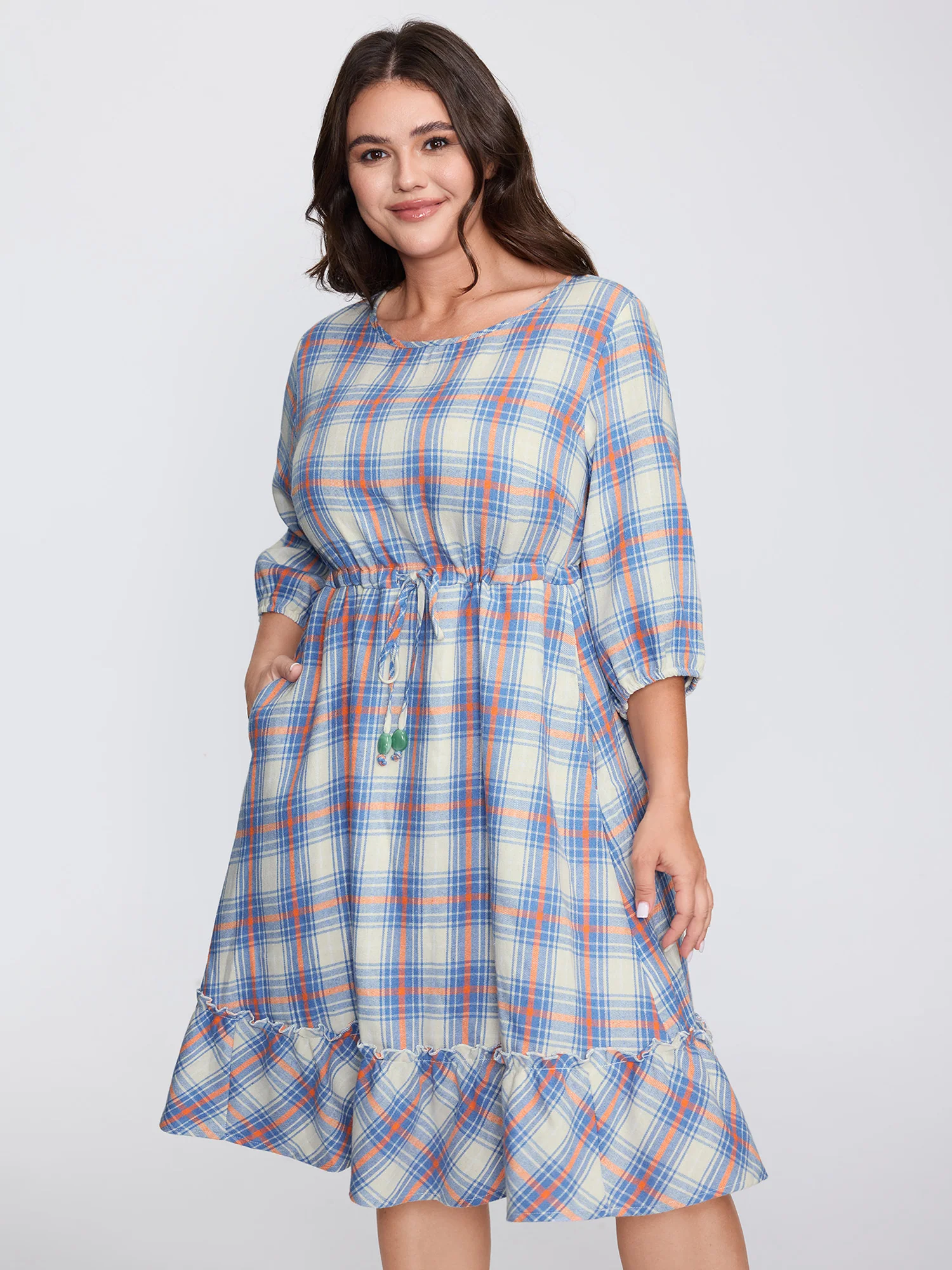 Plaid Print Drawstring Waist Pockets Midi Dress - Image 3