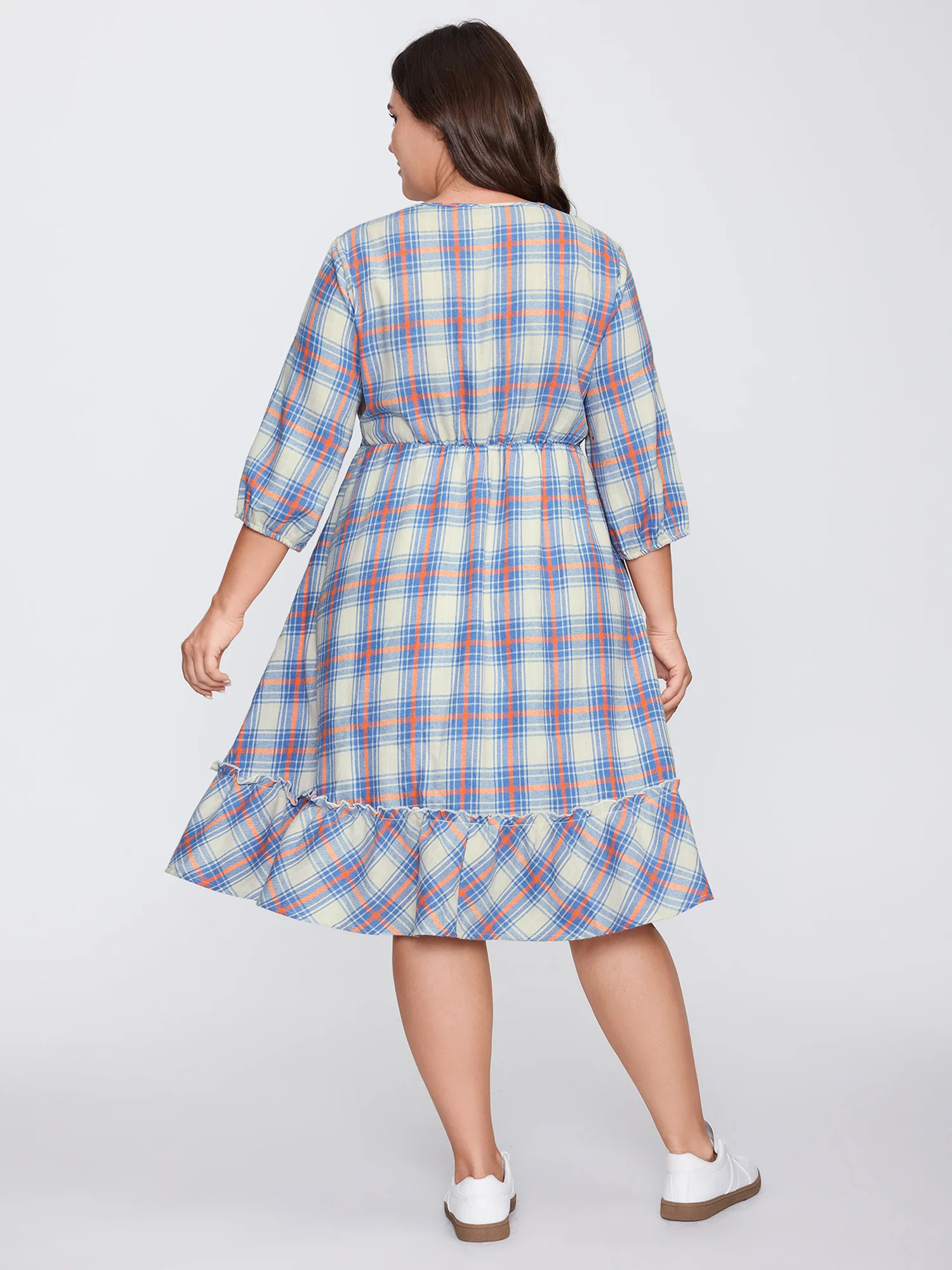 Plaid Print Drawstring Waist Pockets Midi Dress - Image 4