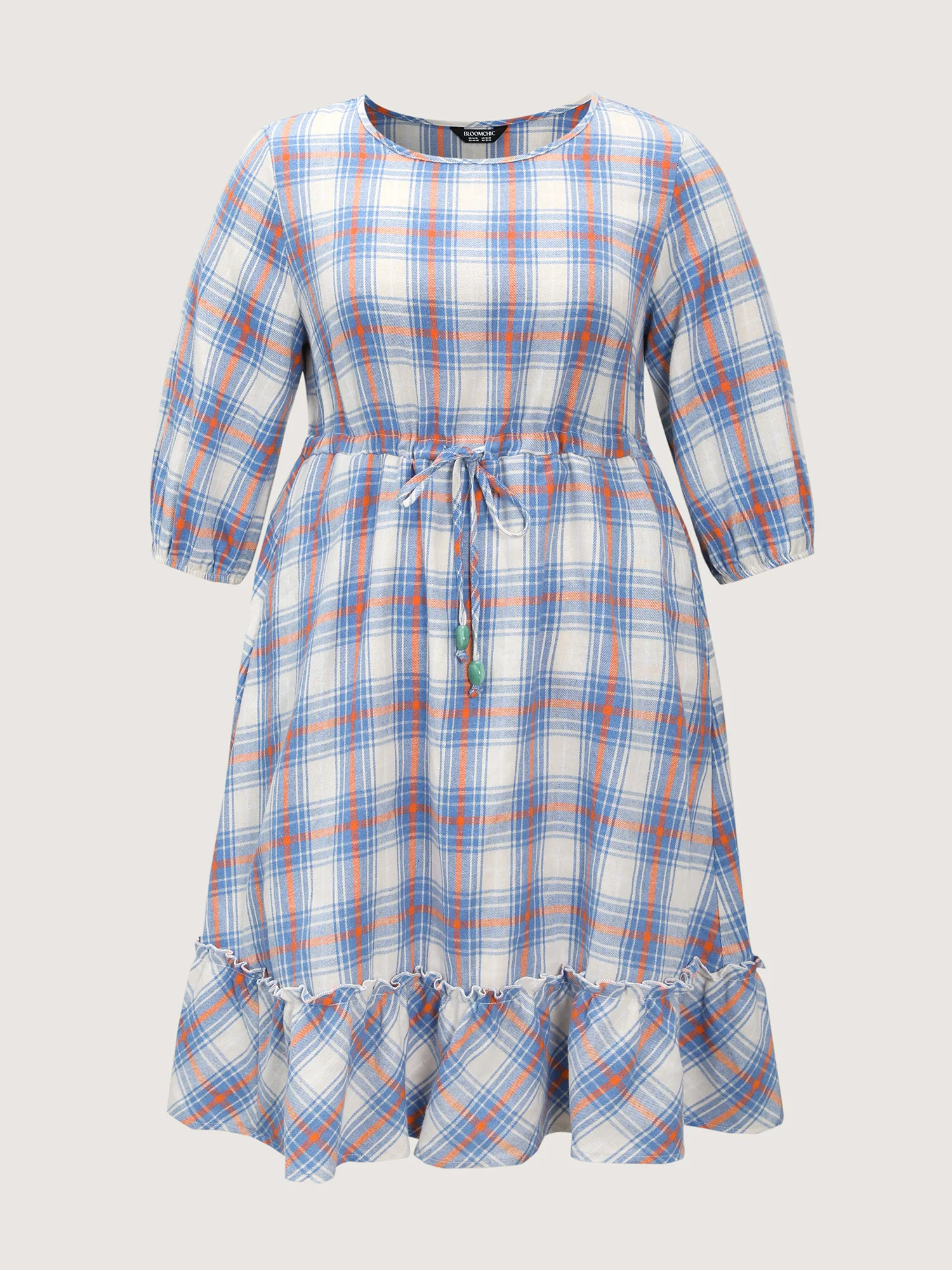 Plaid Print Drawstring Waist Pockets Midi Dress - Image 7