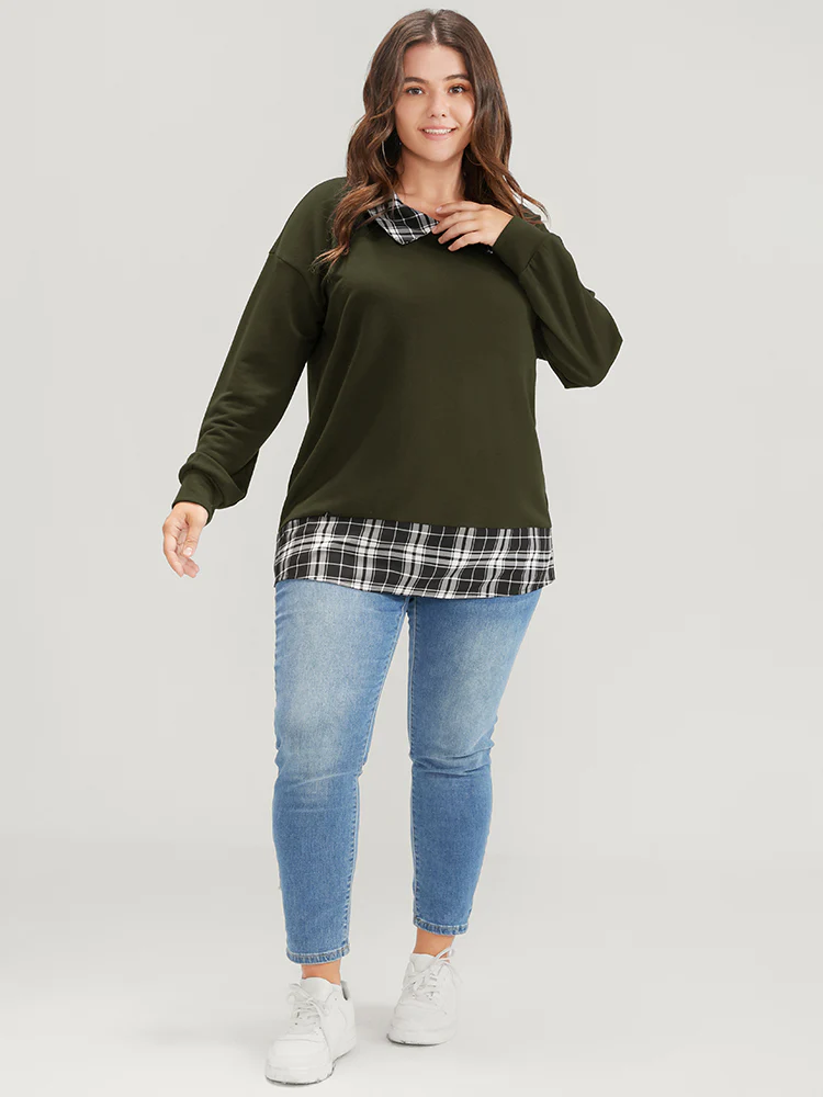 Plaid Print Drop Shoulder 2-In-1 Sweatshirt - Image 2