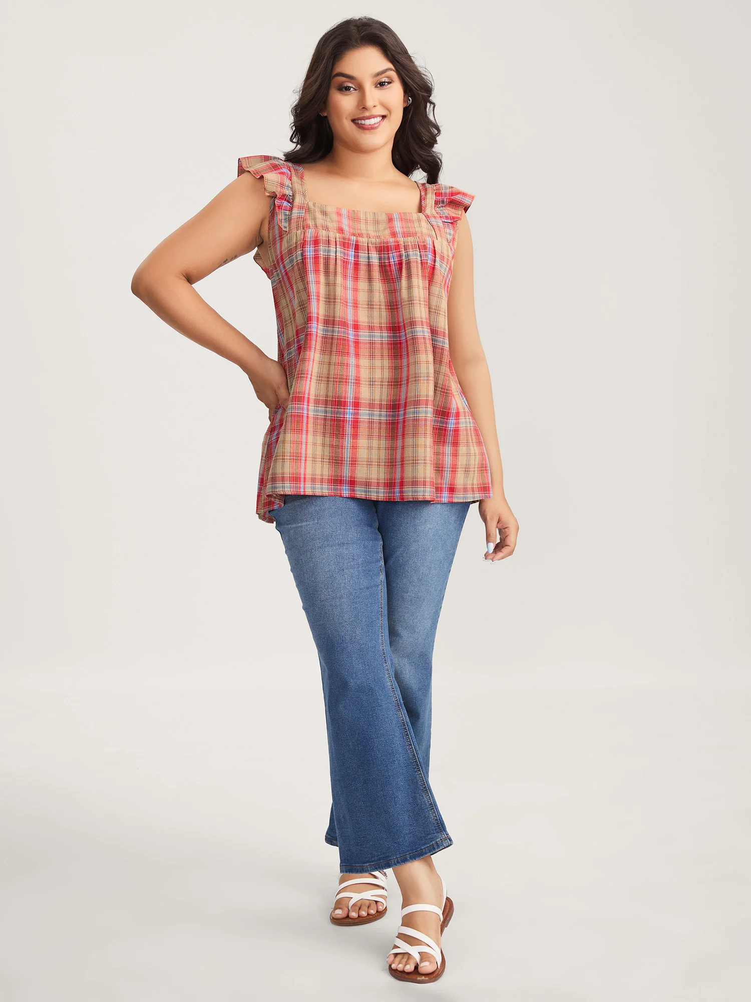 Plaid Print Flutter Sleeve Pleated Blouse - Image 3