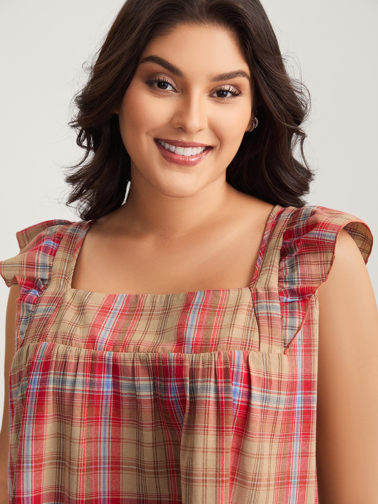 Plaid Print Flutter Sleeve Pleated Blouse - Image 4