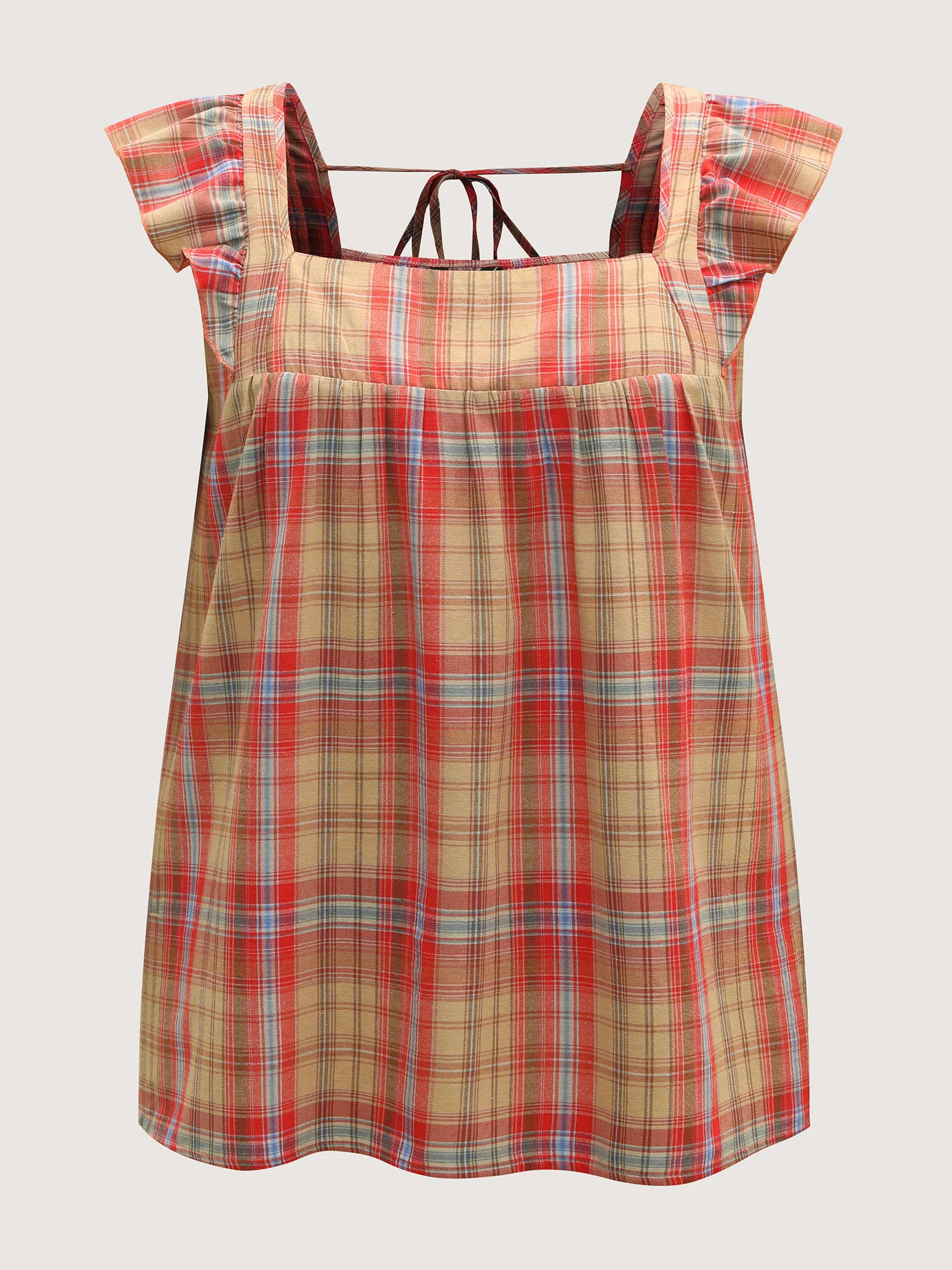 Plaid Print Flutter Sleeve Pleated Blouse - Image 8