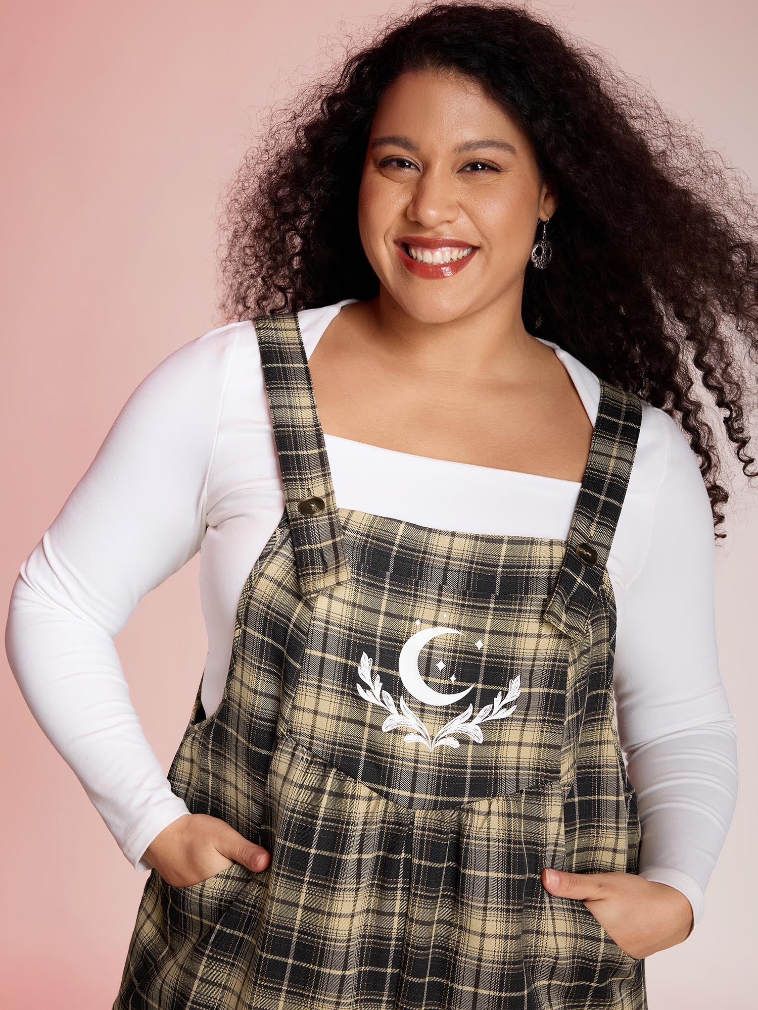 Plaid Print Moon Motif Pockets Jumpsuit - Image 2
