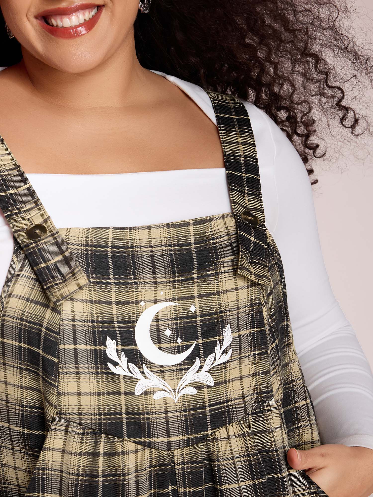 Plaid Print Moon Motif Pockets Jumpsuit - Image 3