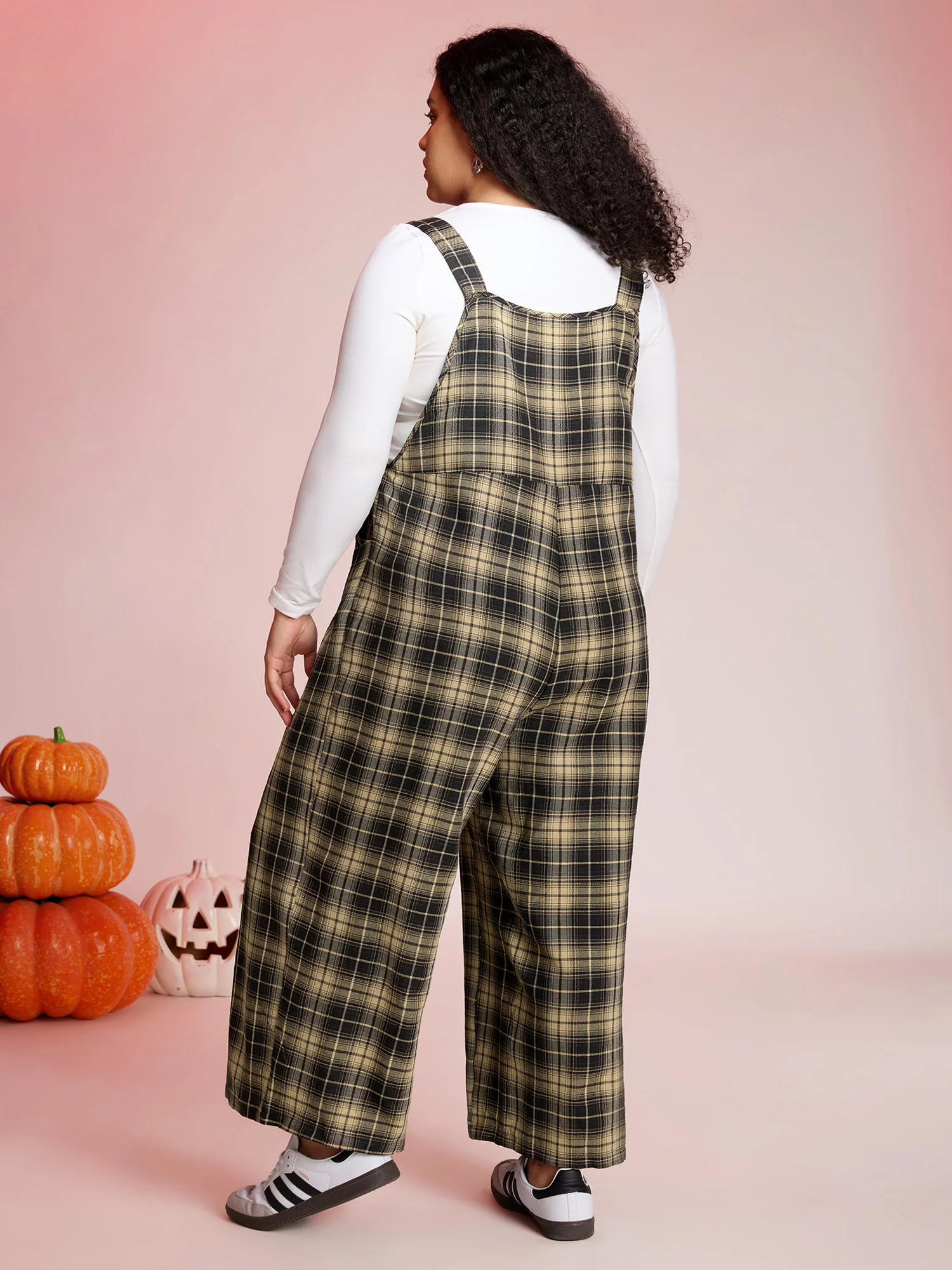 Plaid Print Moon Motif Pockets Jumpsuit - Image 4
