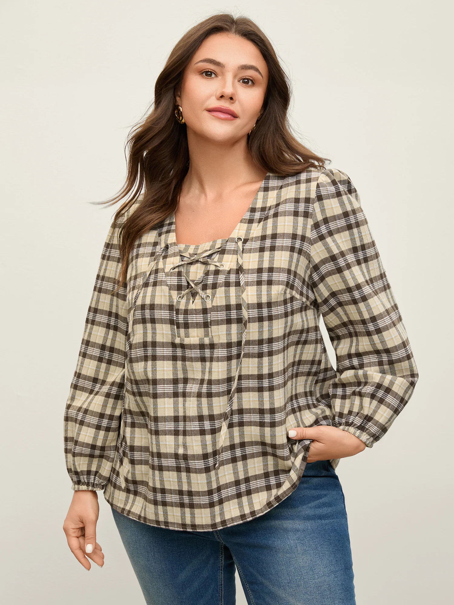 Plaid Print Neck Tie-Up Blouse