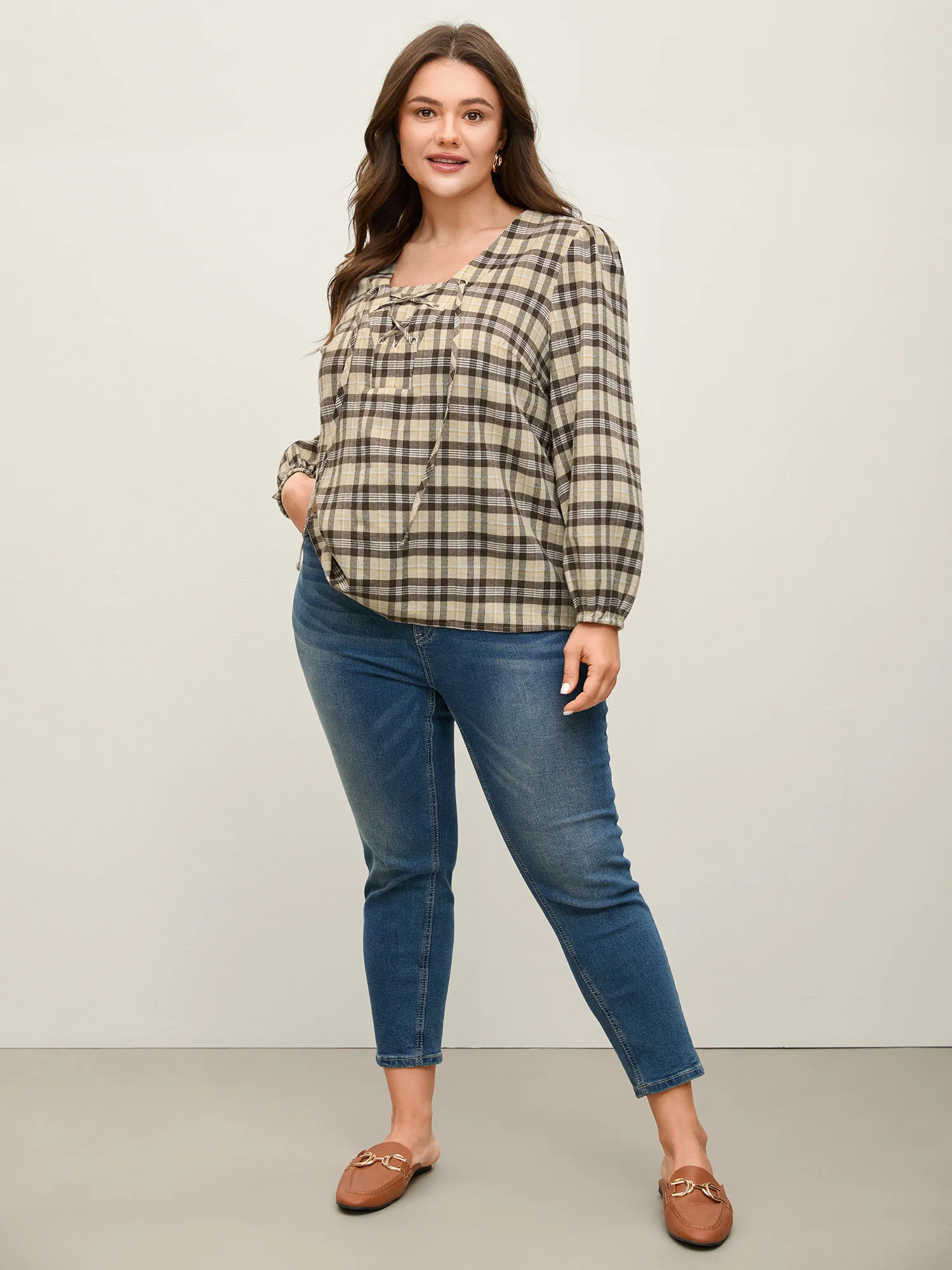 Plaid Print Neck Tie-Up Blouse - Image 2