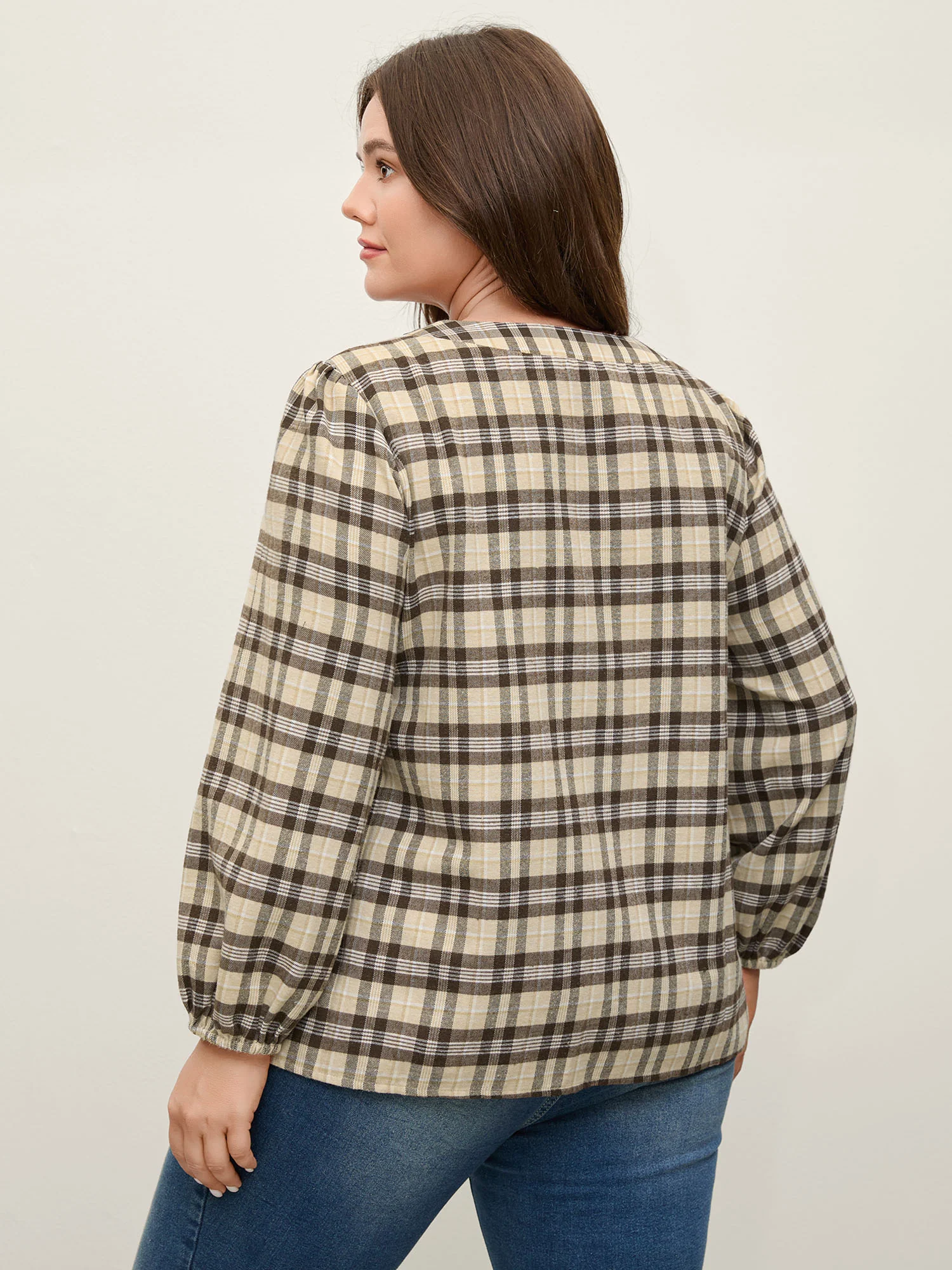 Plaid Print Neck Tie-Up Blouse - Image 4