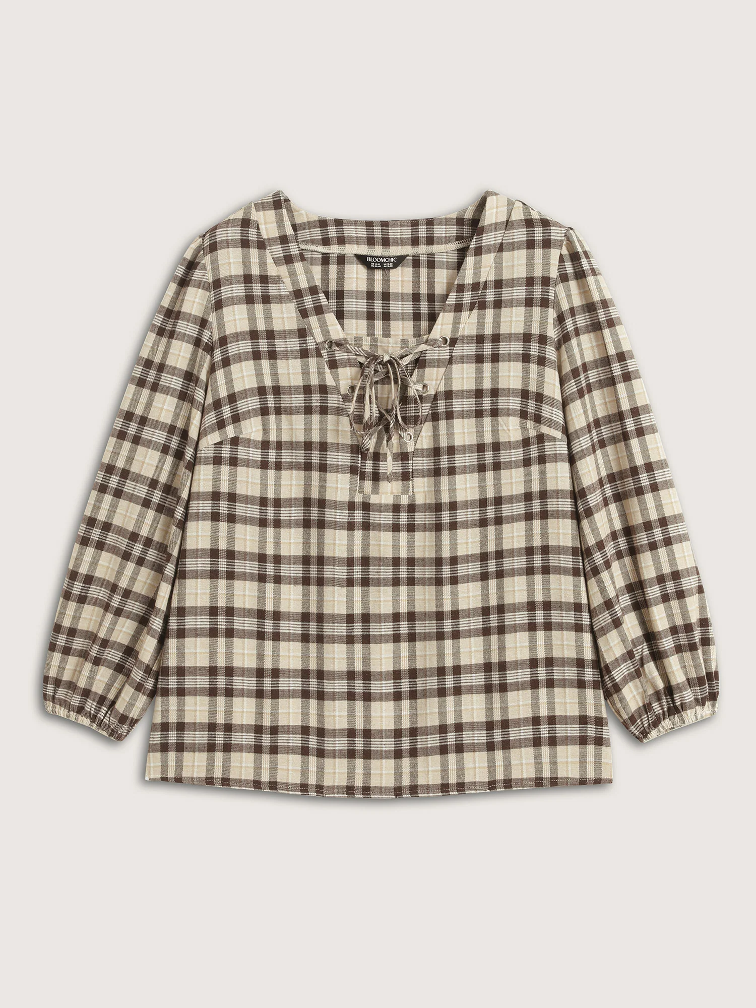 Plaid Print Neck Tie-Up Blouse - Image 6