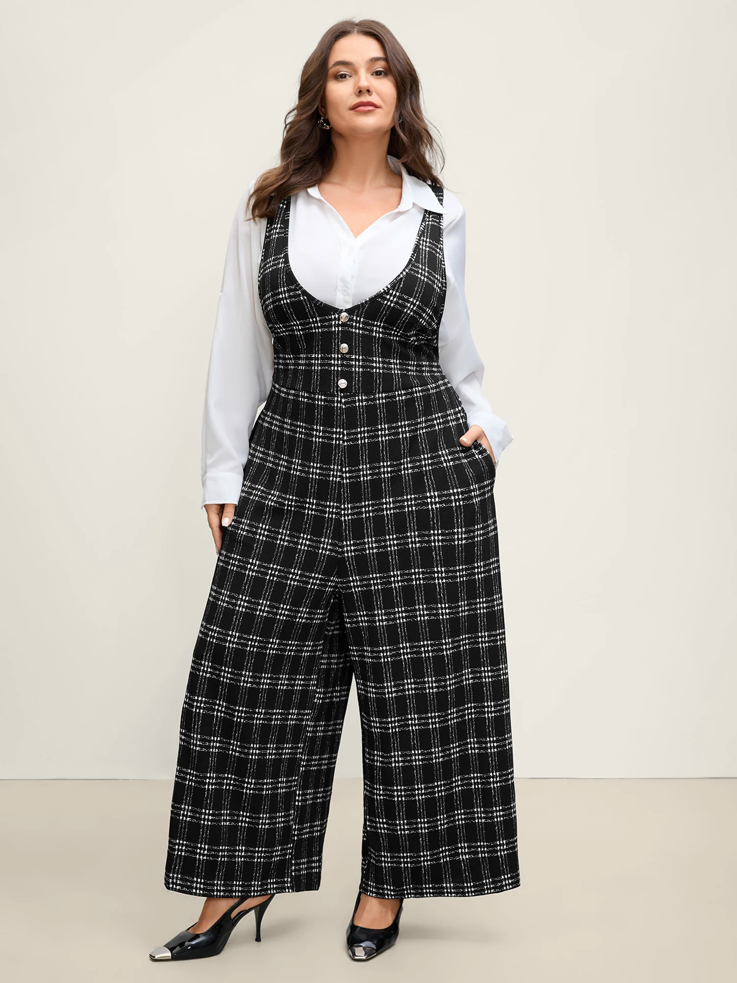 Plaid Print Overall Straps Wide-Leg Jumpsuit - Image 3