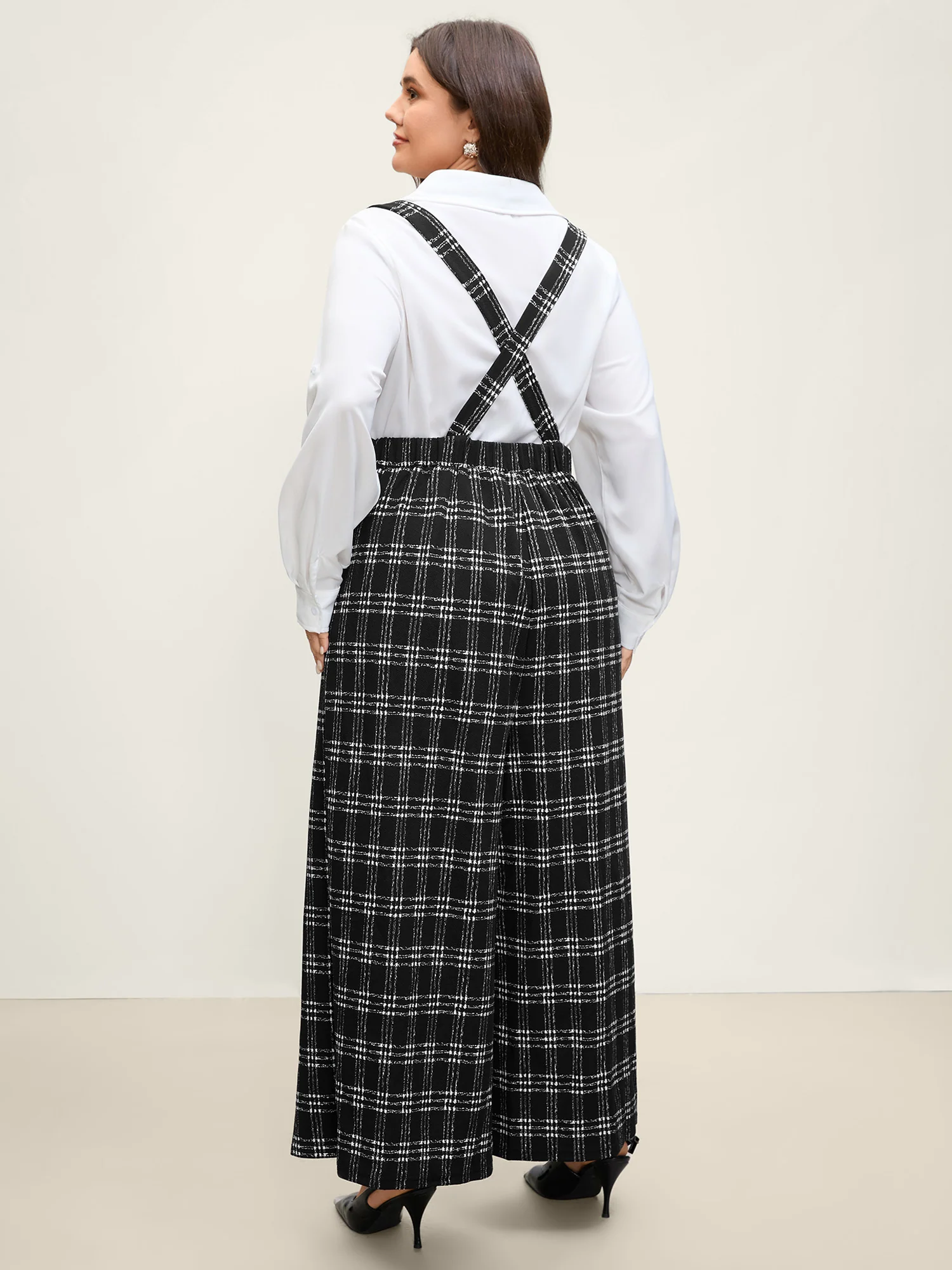 Plaid Print Overall Straps Wide-Leg Jumpsuit - Image 4