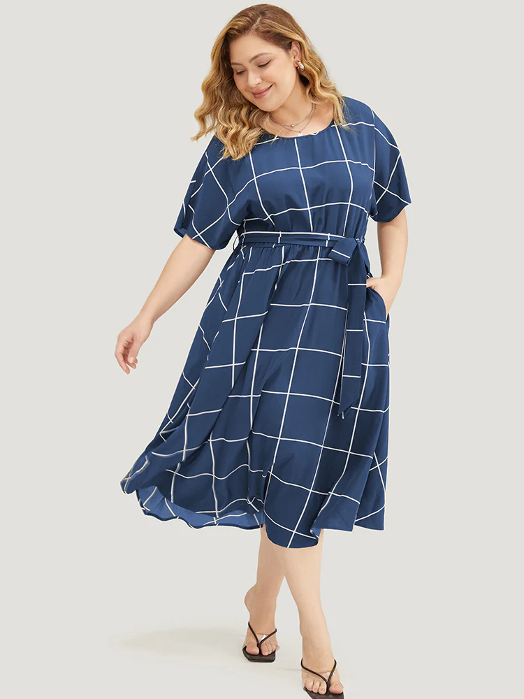 Plaid Print Pocket Belted Ruffle Hem Dolman Sleeve Dress - Image 4