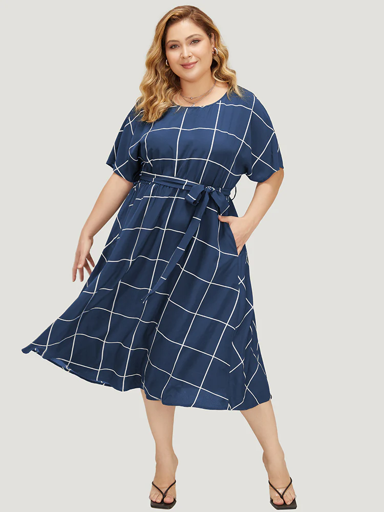 Plaid Print Pocket Belted Ruffle Hem Dolman Sleeve Dress - Image 5