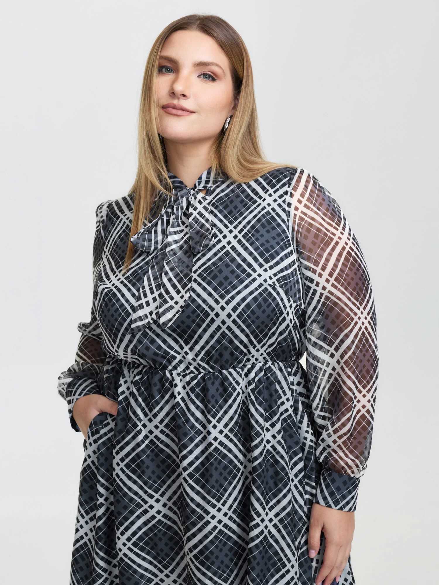 Plaid Print Sheer Mesh Neck Tie Midi Dress - Image 2