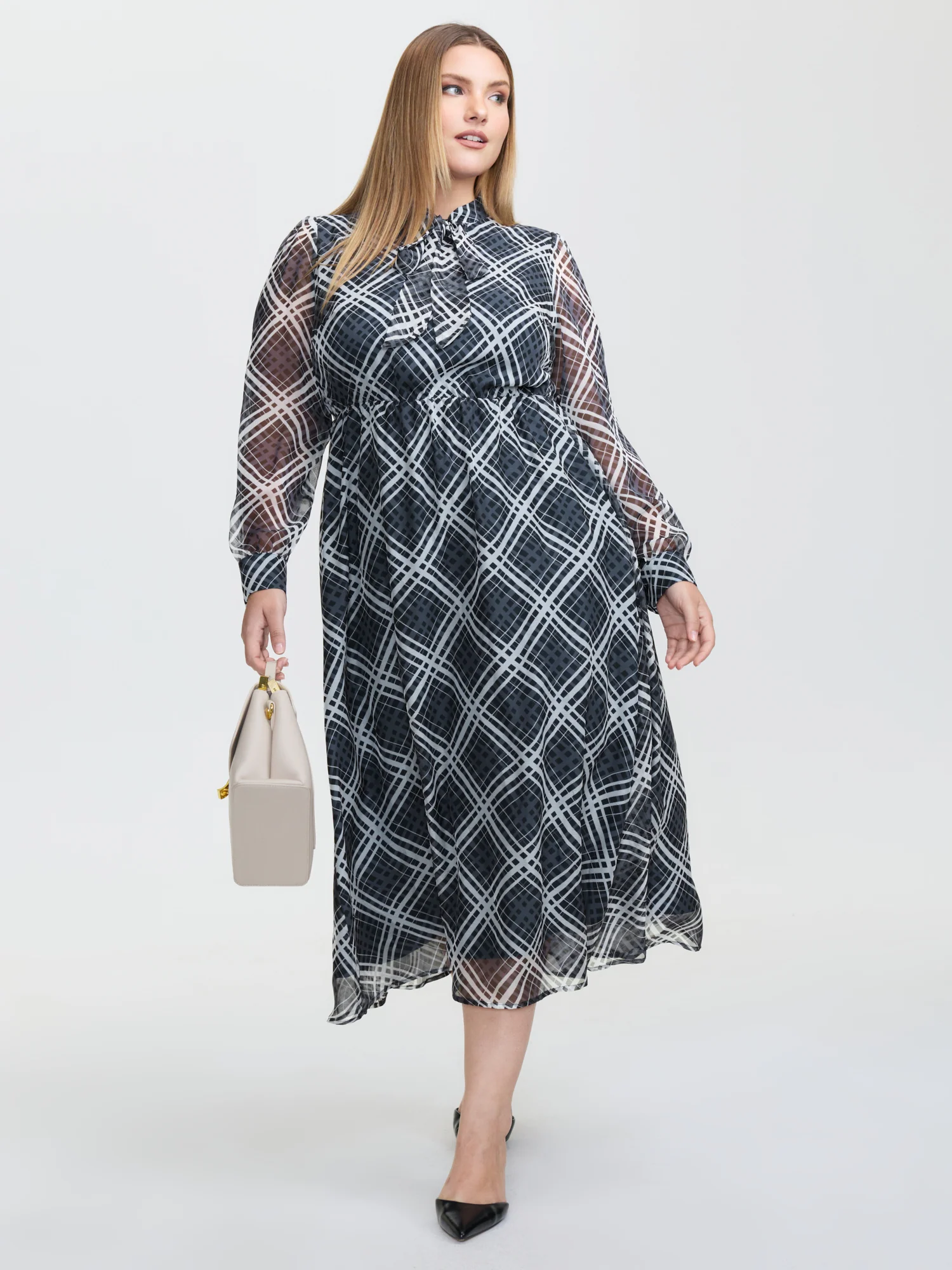 Plaid Print Sheer Mesh Neck Tie Midi Dress - Image 3