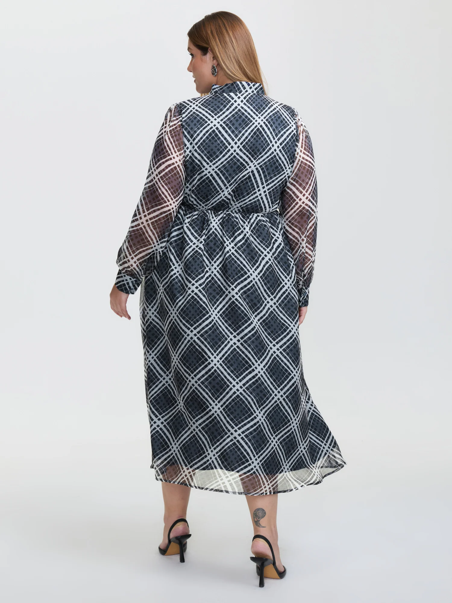 Plaid Print Sheer Mesh Neck Tie Midi Dress - Image 4