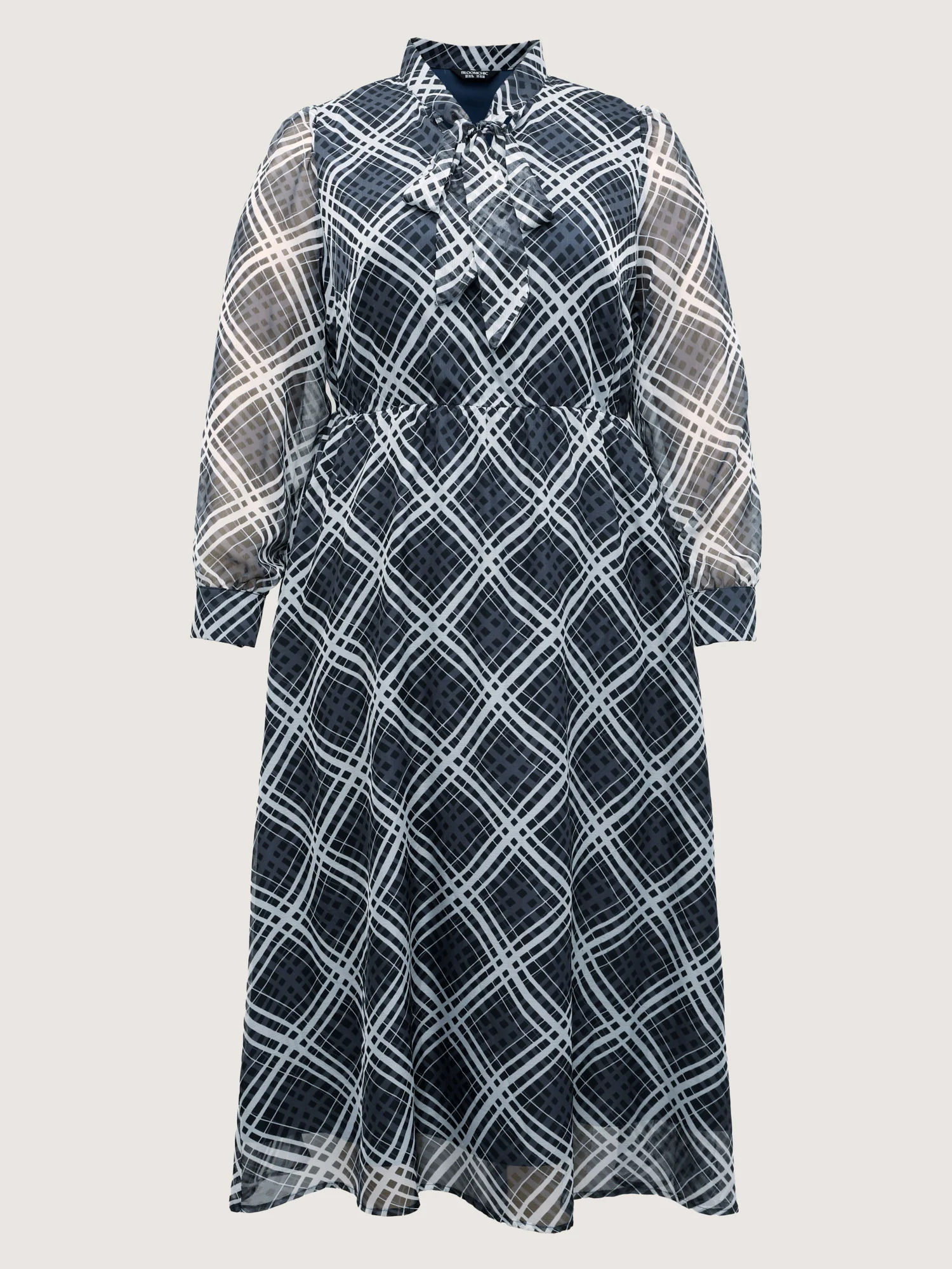 Plaid Print Sheer Mesh Neck Tie Midi Dress - Image 7