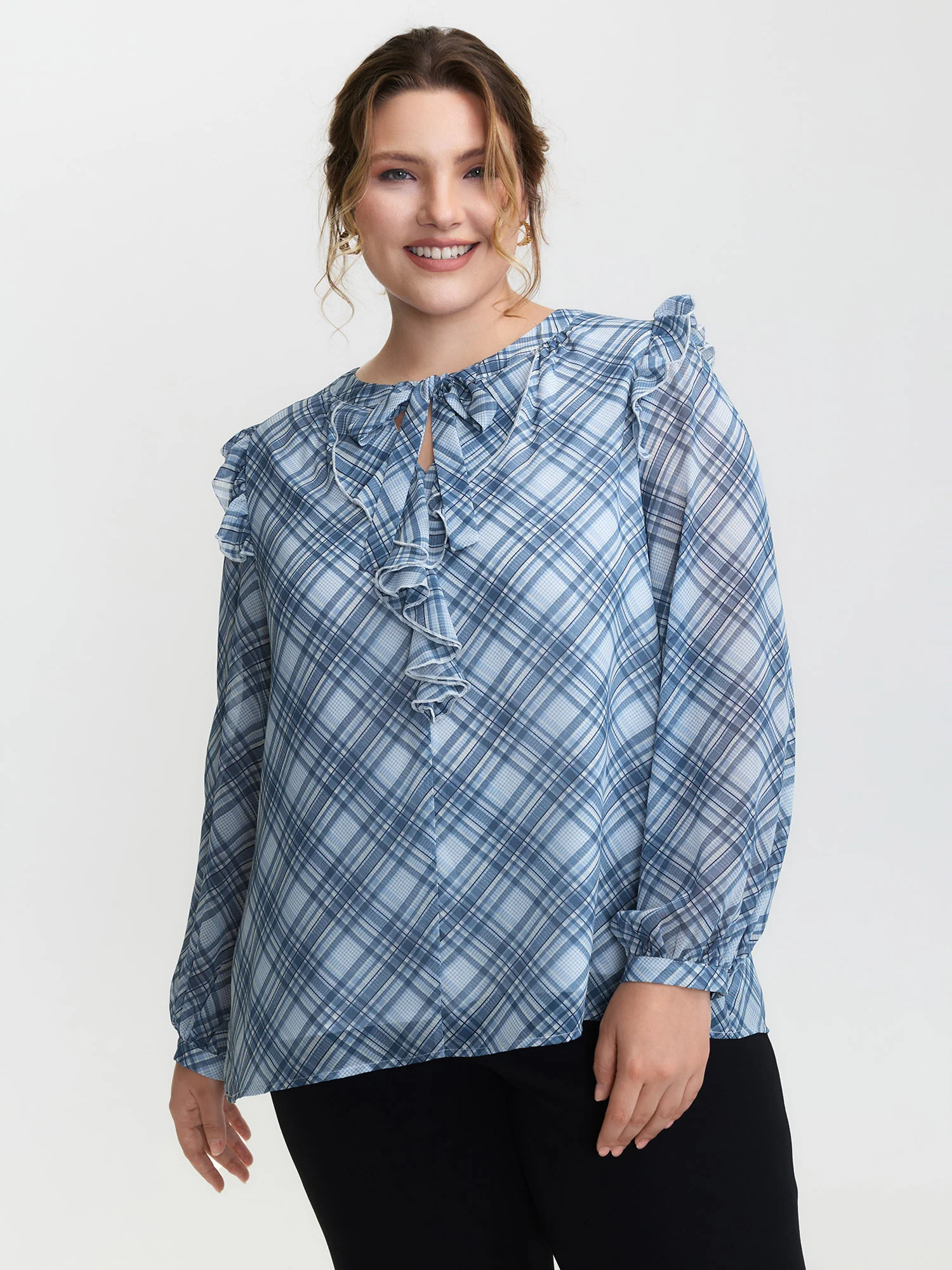 Plaid Print Sheer Ruffled Blouse - Image 2