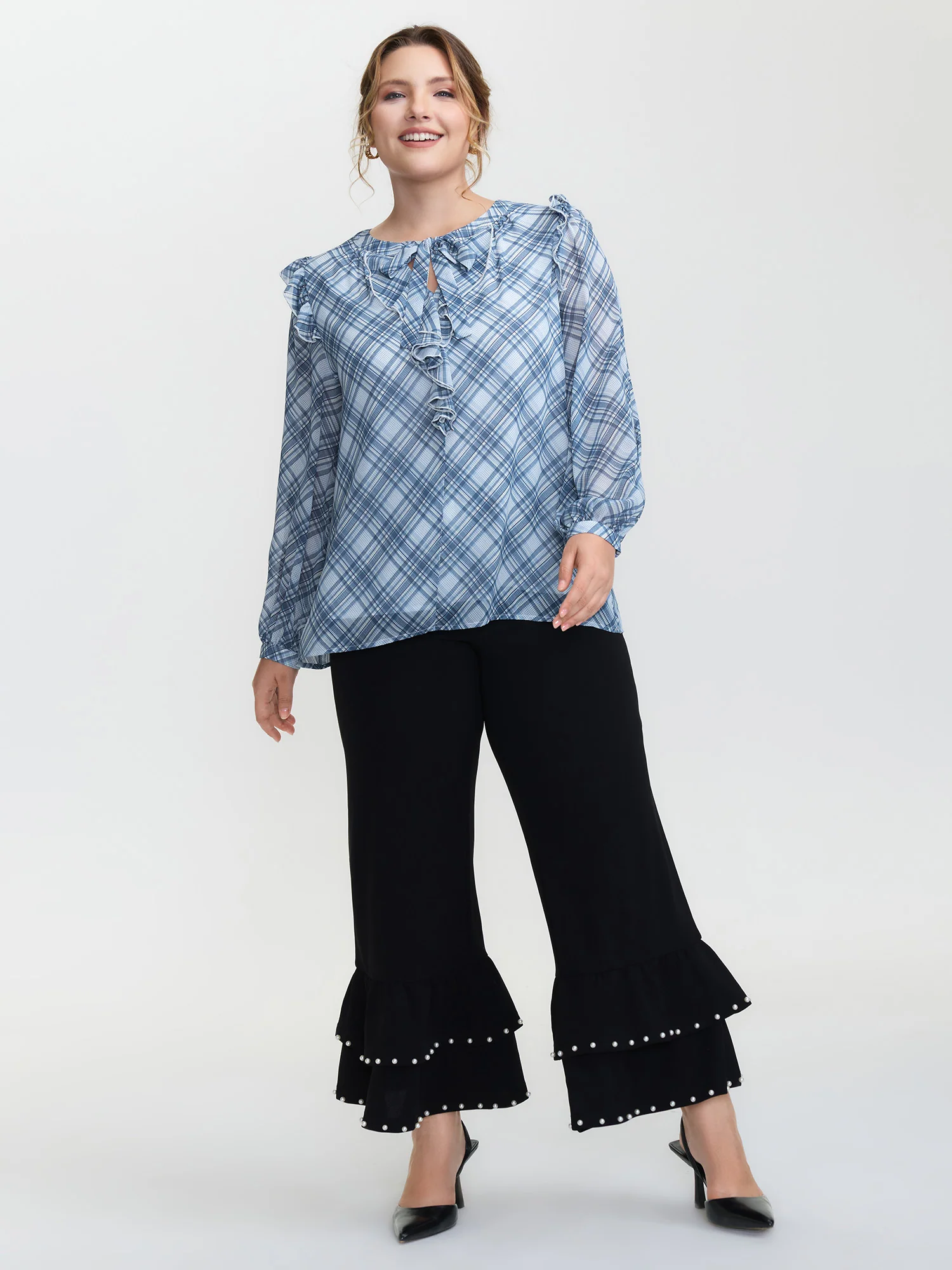 Plaid Print Sheer Ruffled Blouse - Image 3