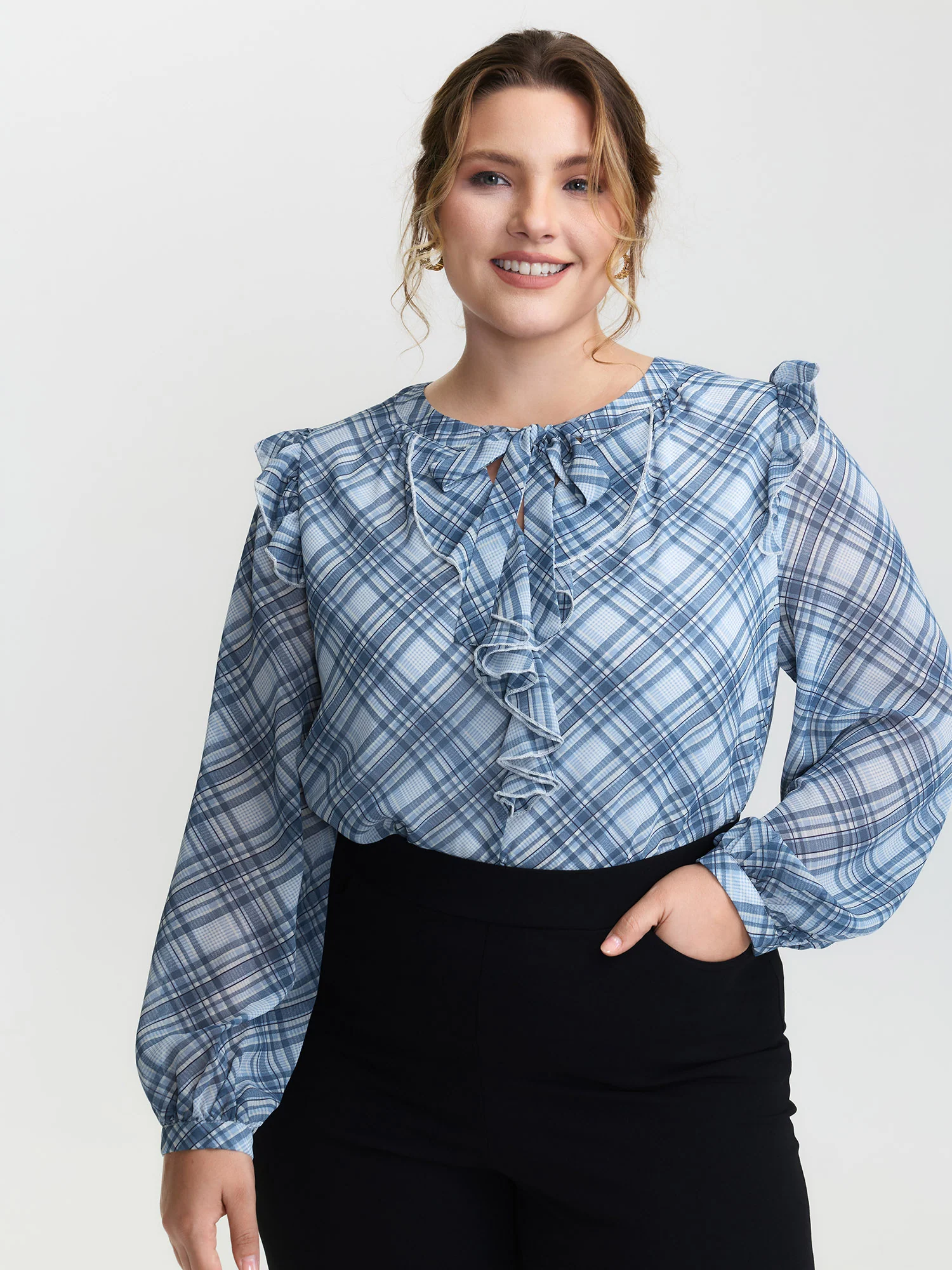 Plaid Print Sheer Ruffled Blouse - Image 4
