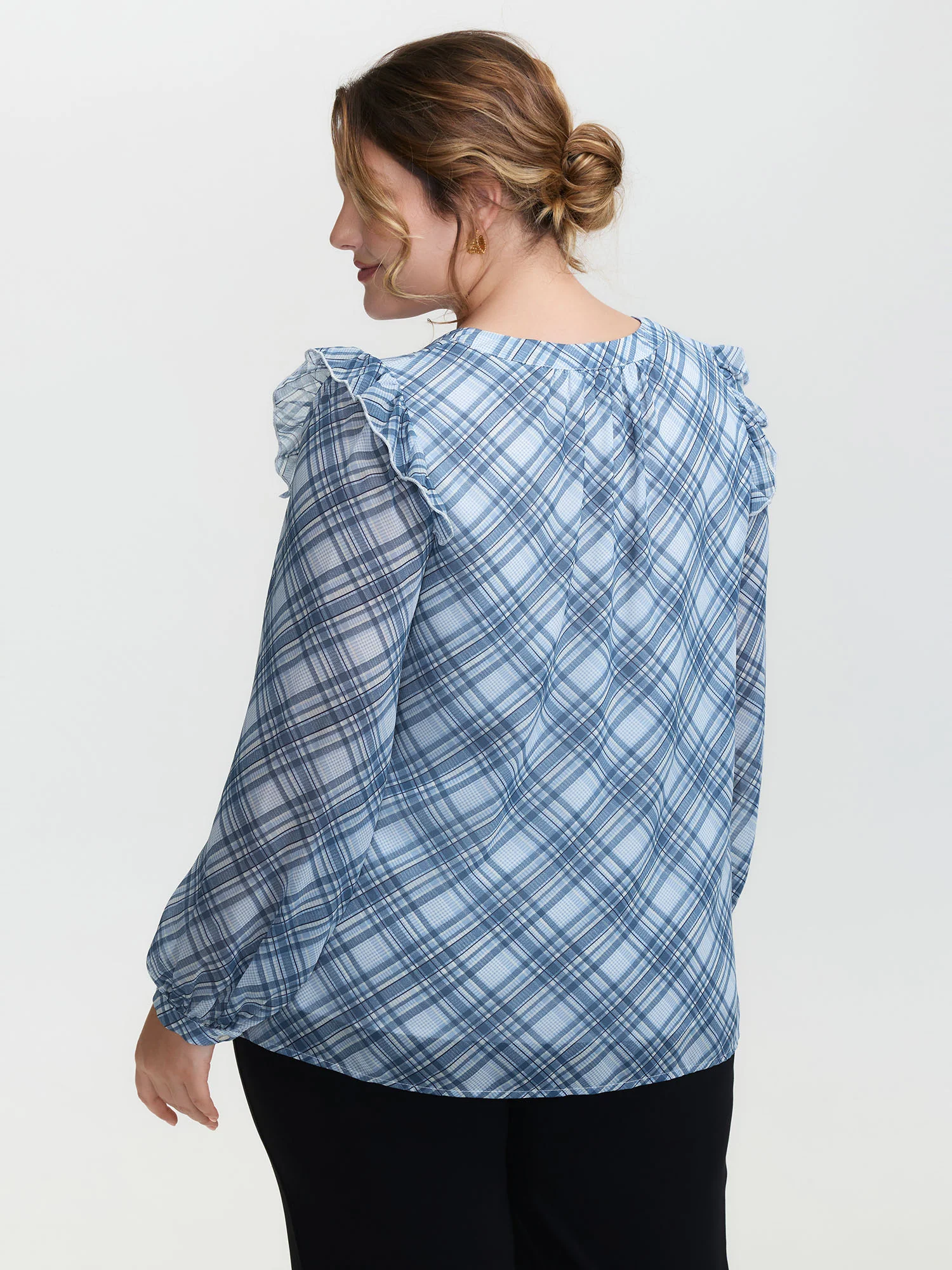 Plaid Print Sheer Ruffled Blouse - Image 5