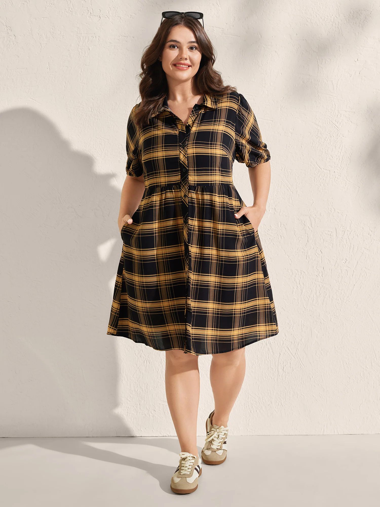 Plaid Print Side Pockets Mini Shirt Dress - Image 3