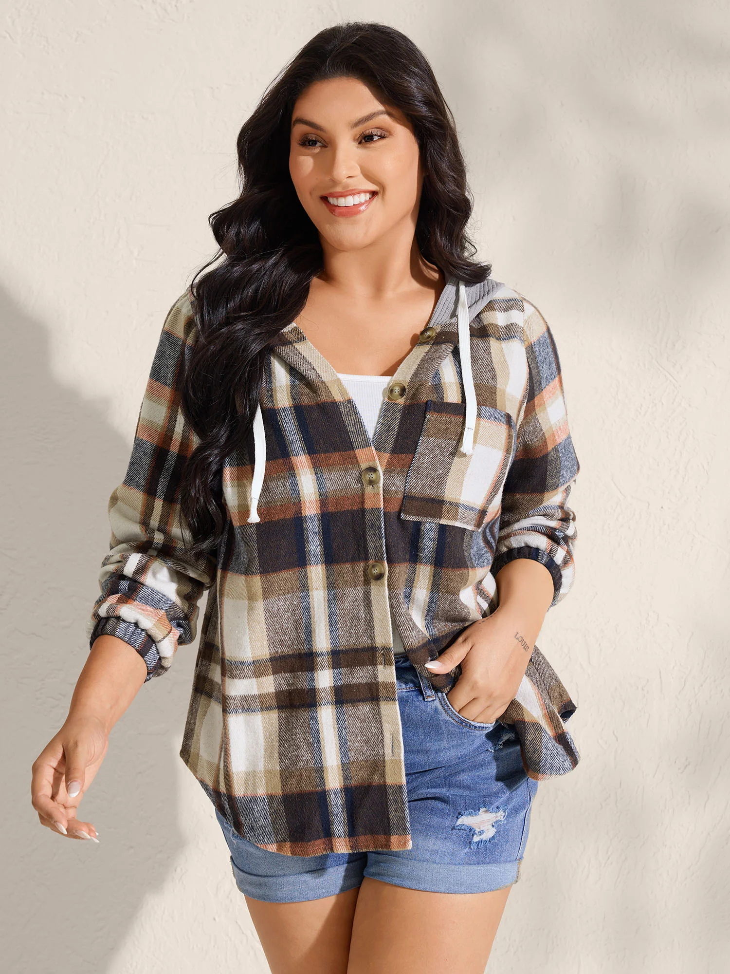 Plaid Print Textured Hooded Jacket - Image 3