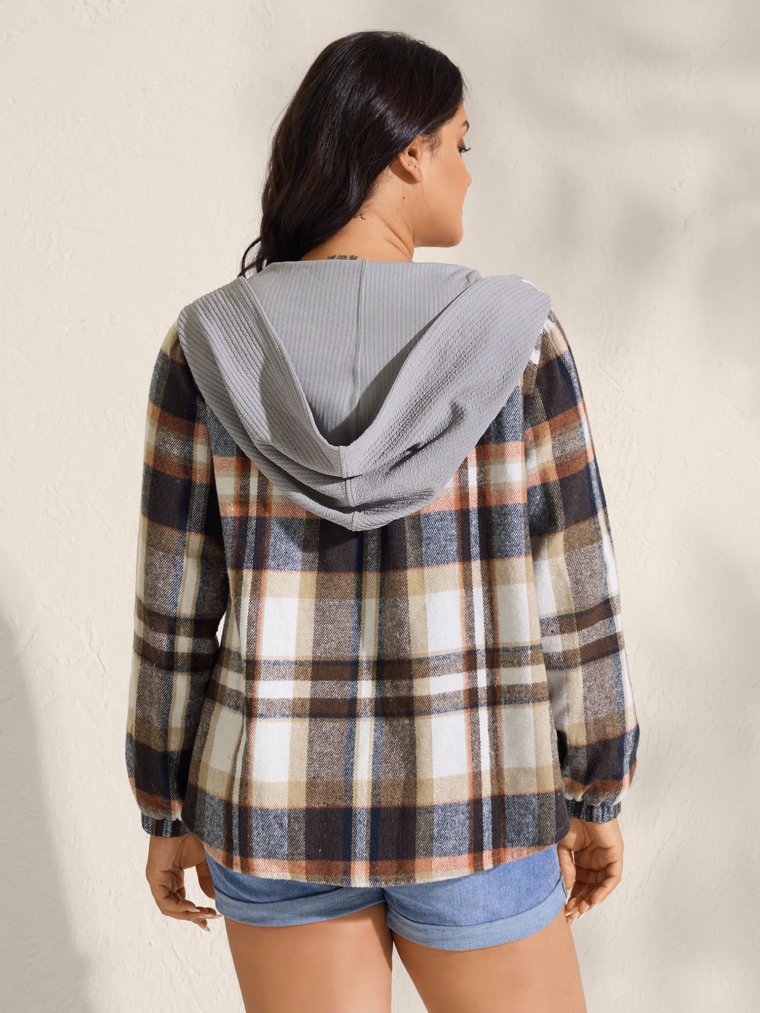 Plaid Print Textured Hooded Jacket - Image 4