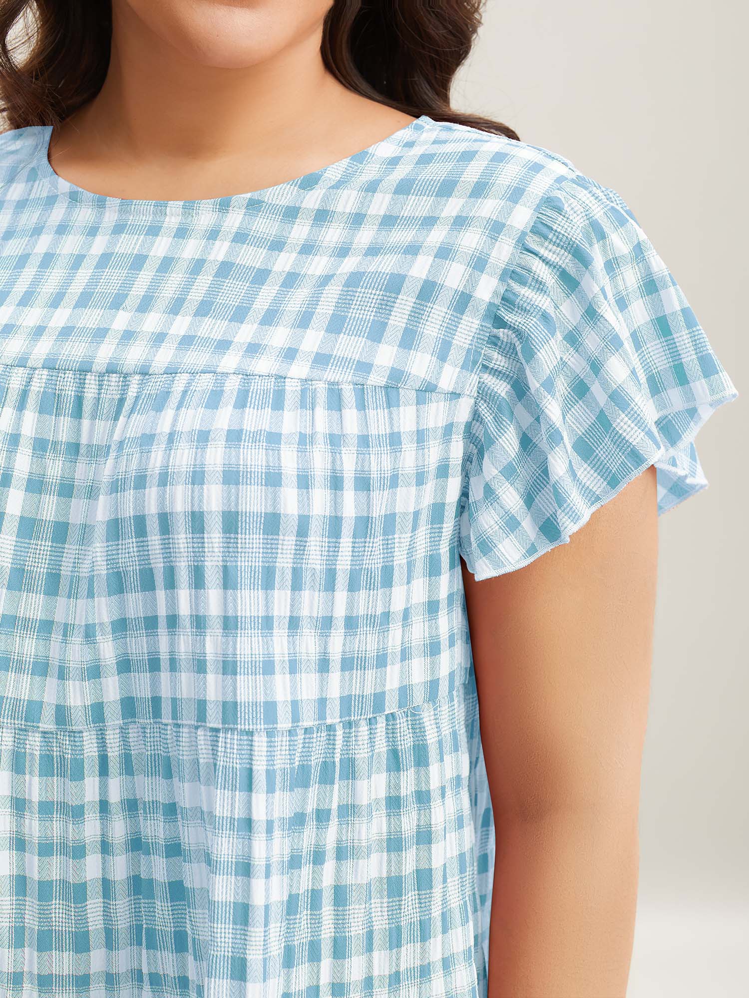 Plaid Print Textured Lotus Leaf Sleeve Shirt - Image 10