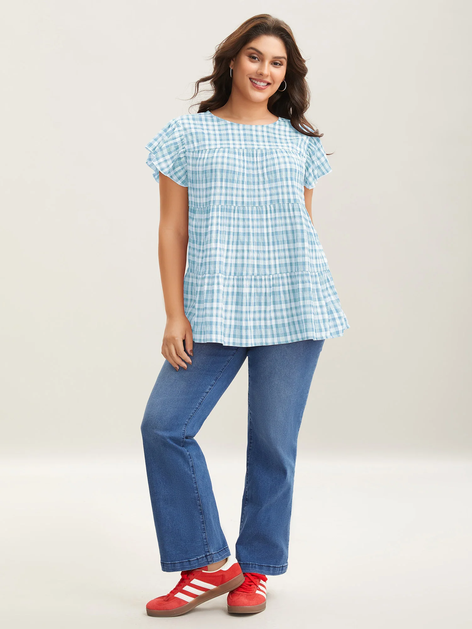 Plaid Print Textured Lotus Leaf Sleeve Shirt - Image 11