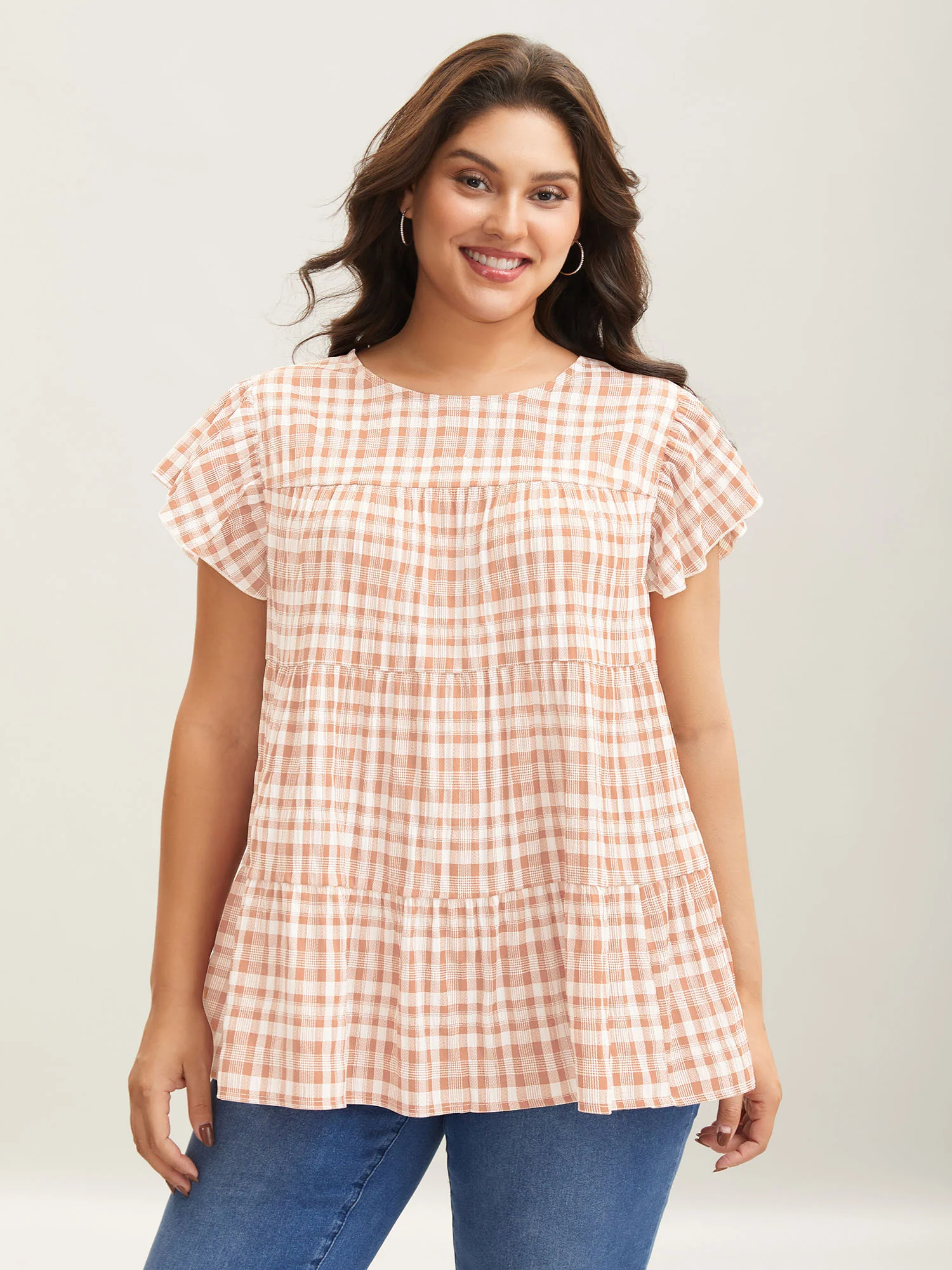 Plaid Print Textured Lotus Leaf Sleeve Shirt - Image 12