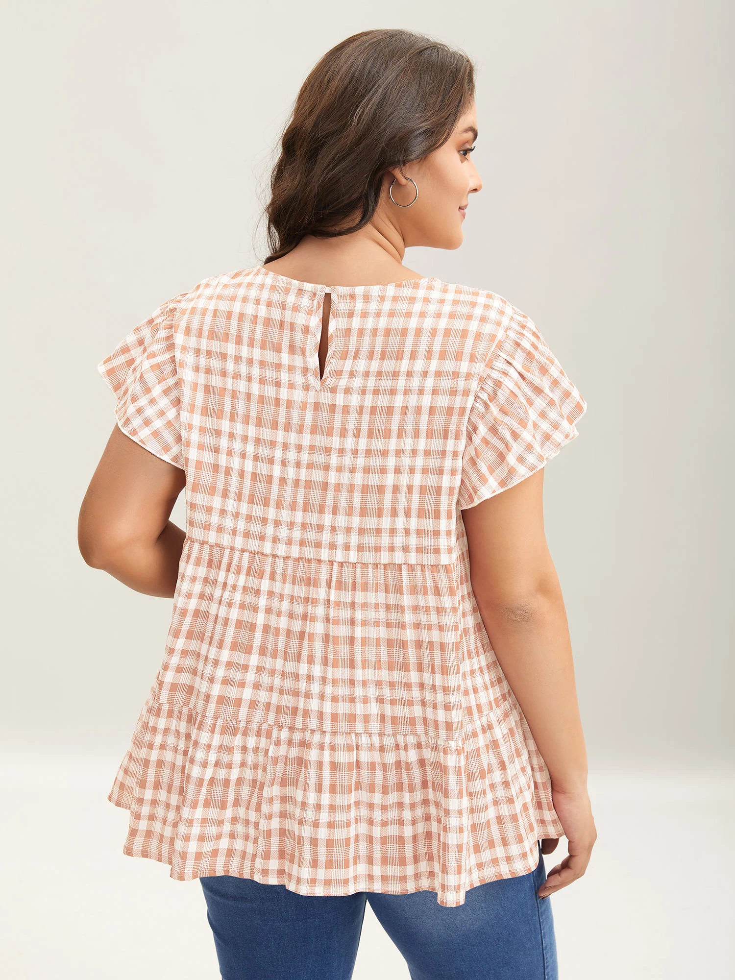 Plaid Print Textured Lotus Leaf Sleeve Shirt - Image 13