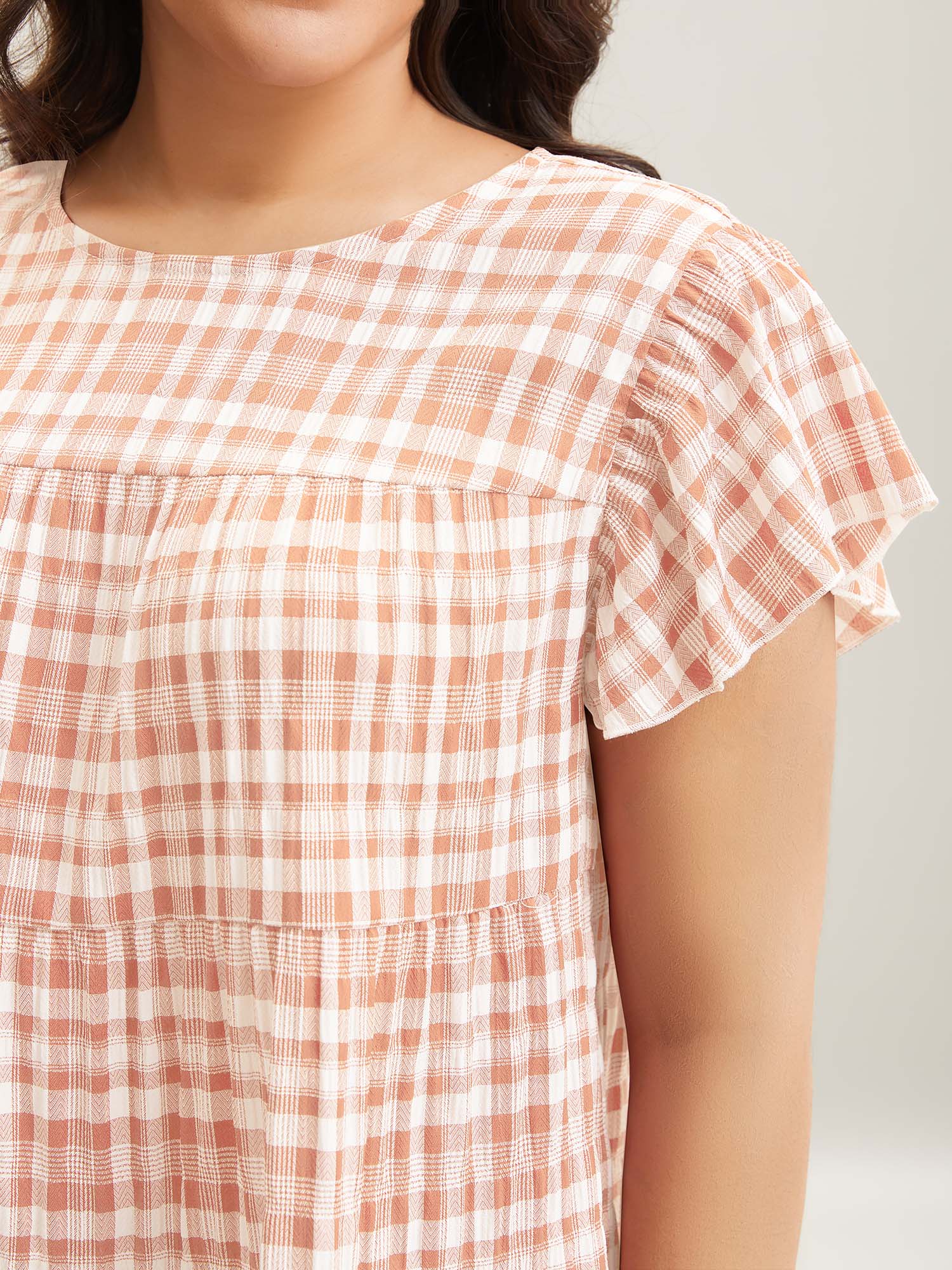 Plaid Print Textured Lotus Leaf Sleeve Shirt - Image 14