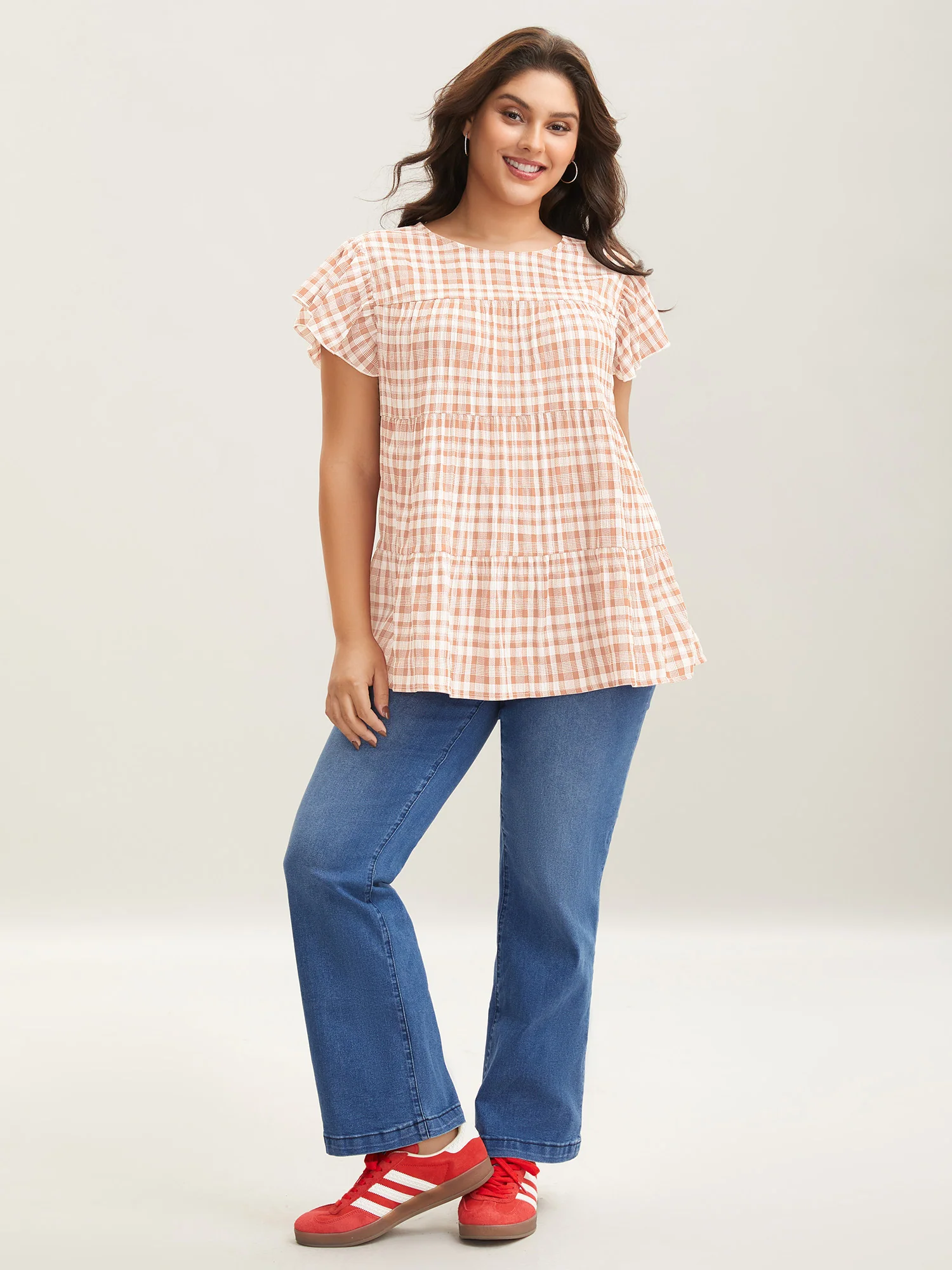 Plaid Print Textured Lotus Leaf Sleeve Shirt - Image 15