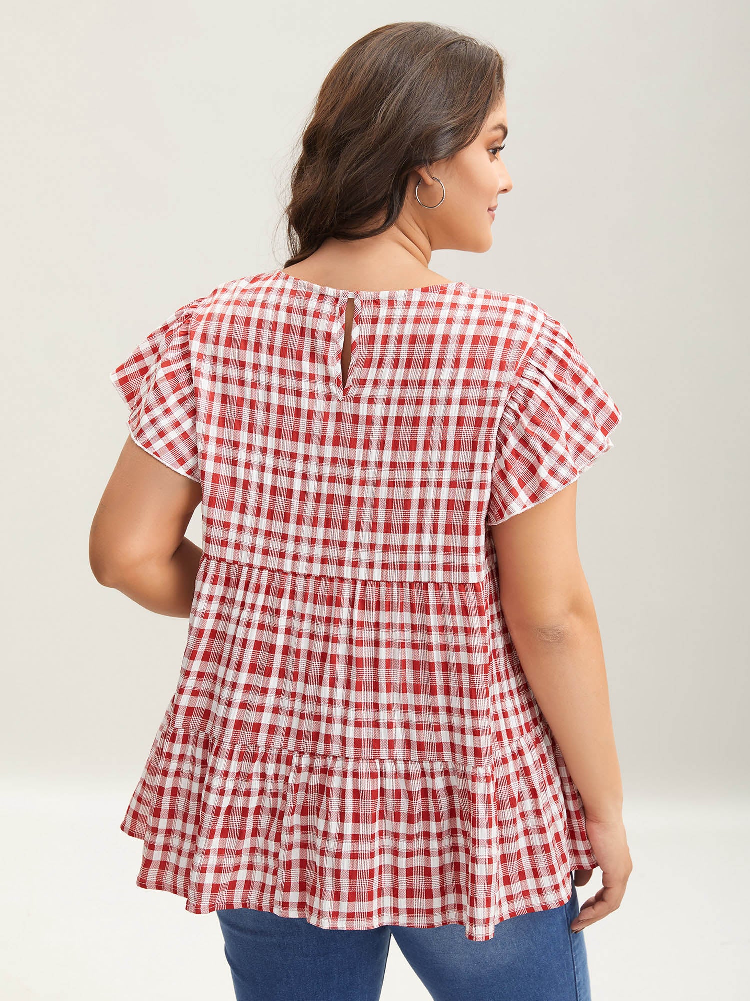 Plaid Print Textured Lotus Leaf Sleeve Shirt - Image 2
