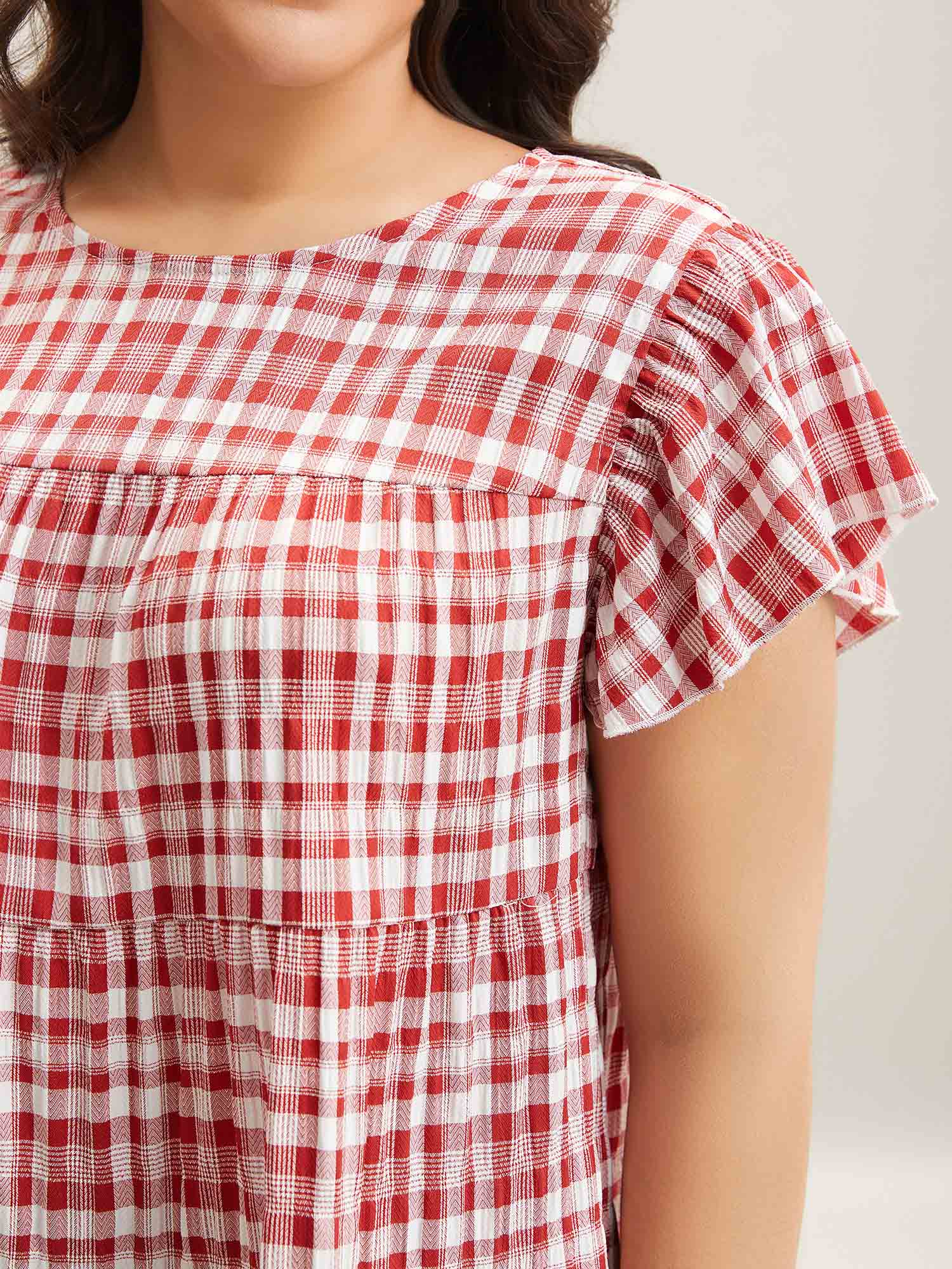 Plaid Print Textured Lotus Leaf Sleeve Shirt - Image 3