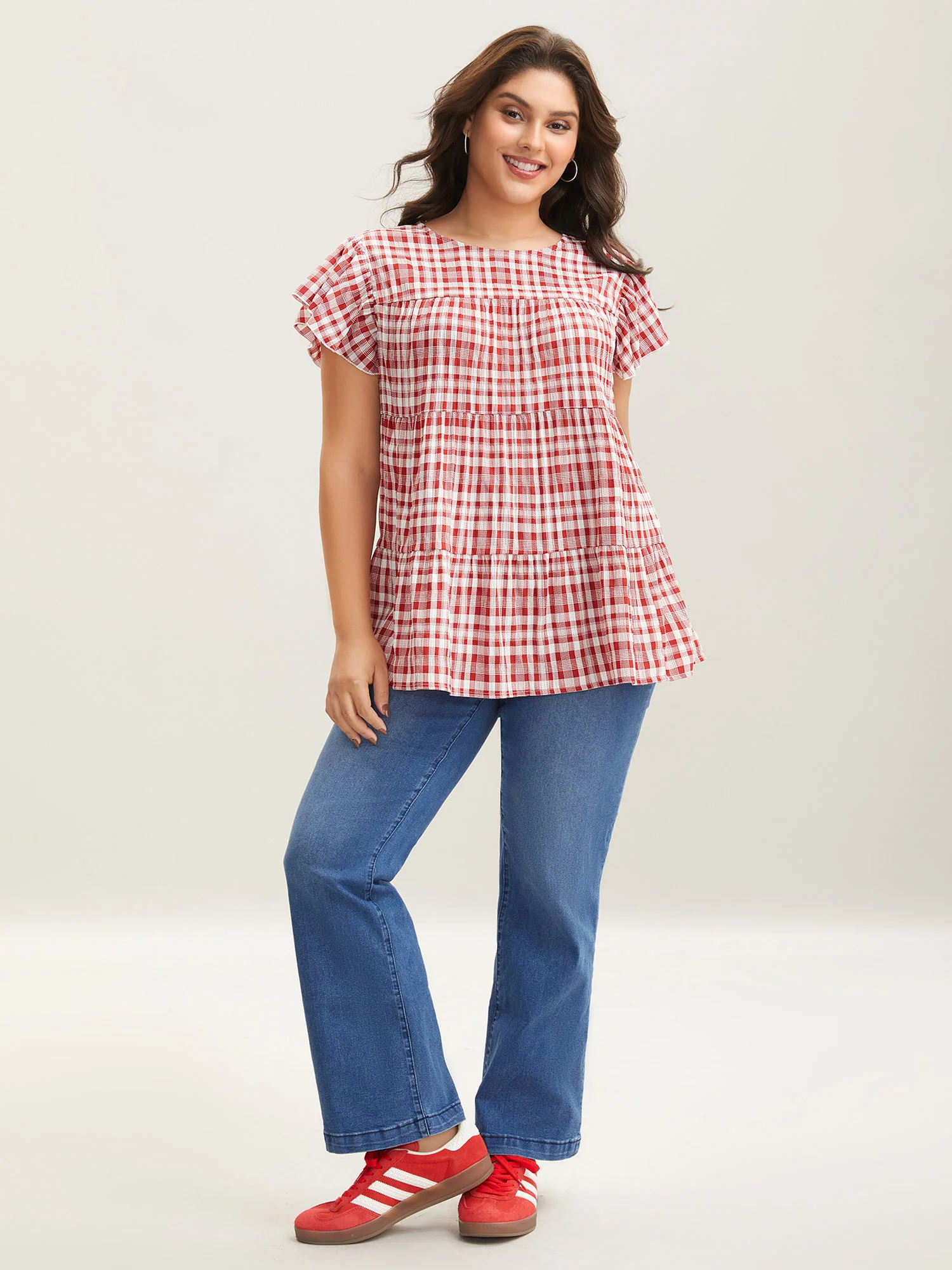 Plaid Print Textured Lotus Leaf Sleeve Shirt - Image 4