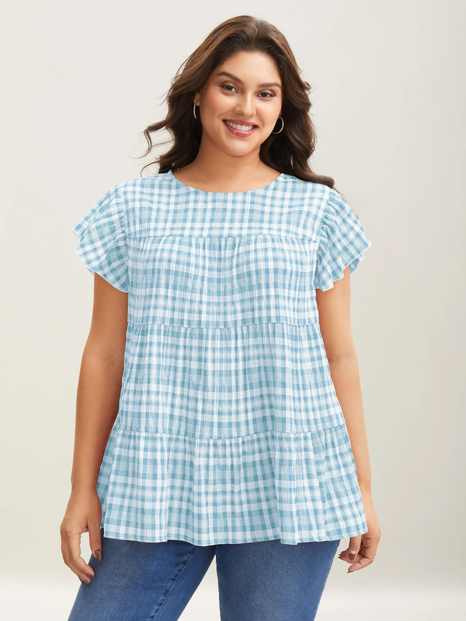 Plaid Print Textured Lotus Leaf Sleeve Shirt - Image 8
