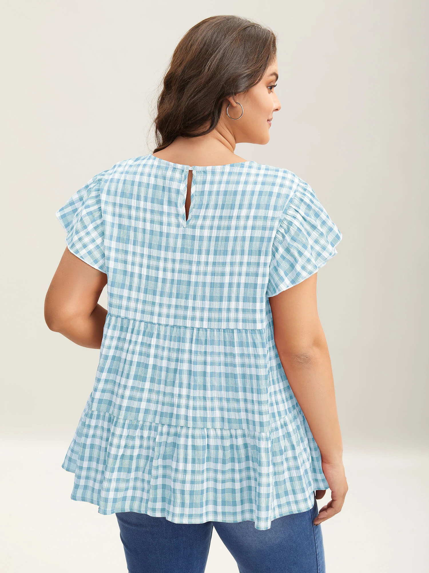Plaid Print Textured Lotus Leaf Sleeve Shirt - Image 9