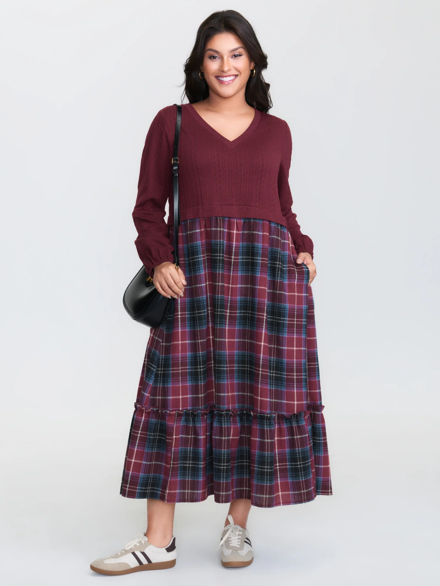 Plaid Print Textured Pockets Midi Dress - Image 3